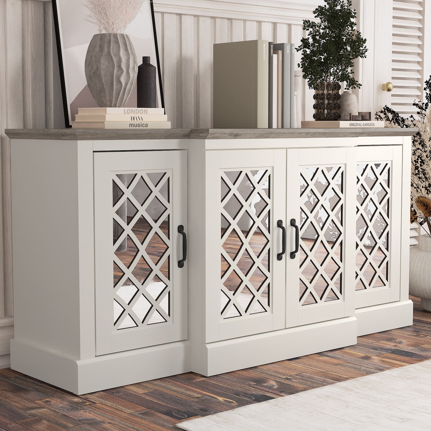 Galano 4-Door Accent Sideboard with Mirrored Cut-Out Doors 60.4" W × 18.2" D × 29.3" H