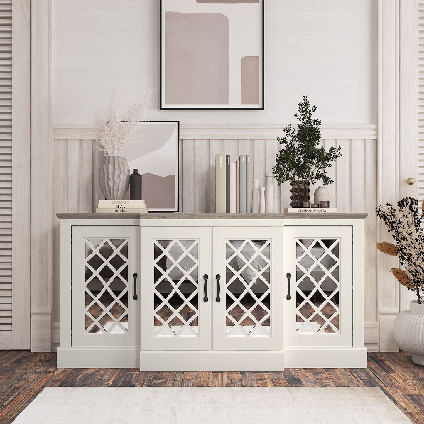 Galano 4-Door Accent Sideboard with Mirrored Cut-Out Doors 60.4" W × 18.2" D × 29.3" H