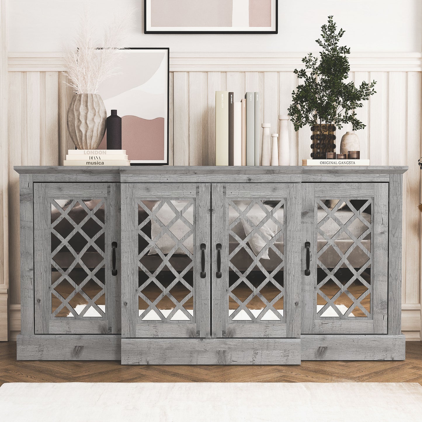 Galano 4-Door Accent Sideboard with Mirrored Cut-Out Doors 60.4" W × 18.2" D × 29.3" H
