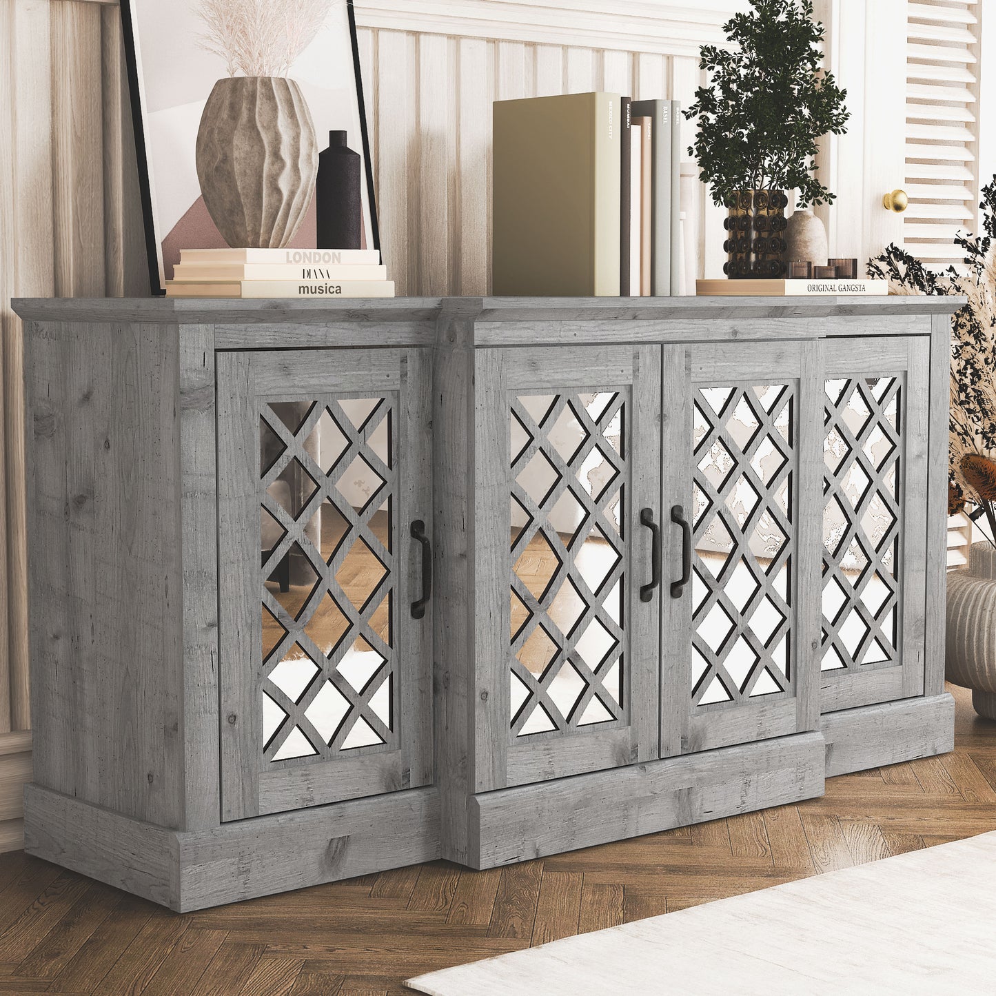 Galano 4-Door Accent Sideboard with Mirrored Cut-Out Doors 60.4" W × 18.2" D × 29.3" H