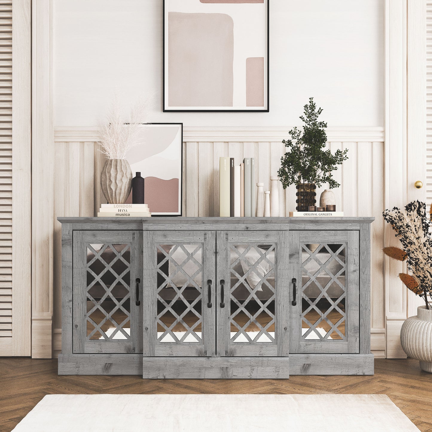 Galano 4-Door Accent Sideboard with Mirrored Cut-Out Doors 60.4" W × 18.2" D × 29.3" H