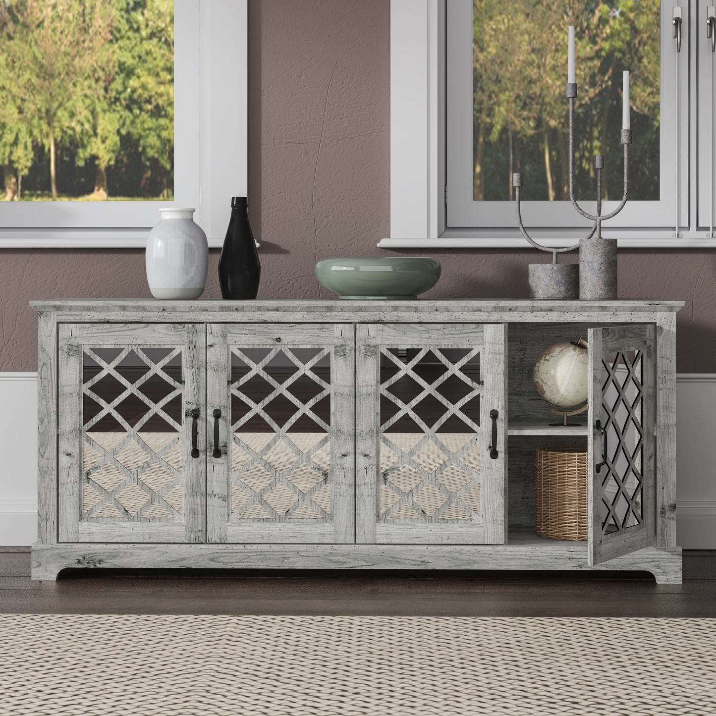 Galano Mirrored 4-Door TV Stand with Concealed Storage 68.2" W × 17.2" D × 29.3" H