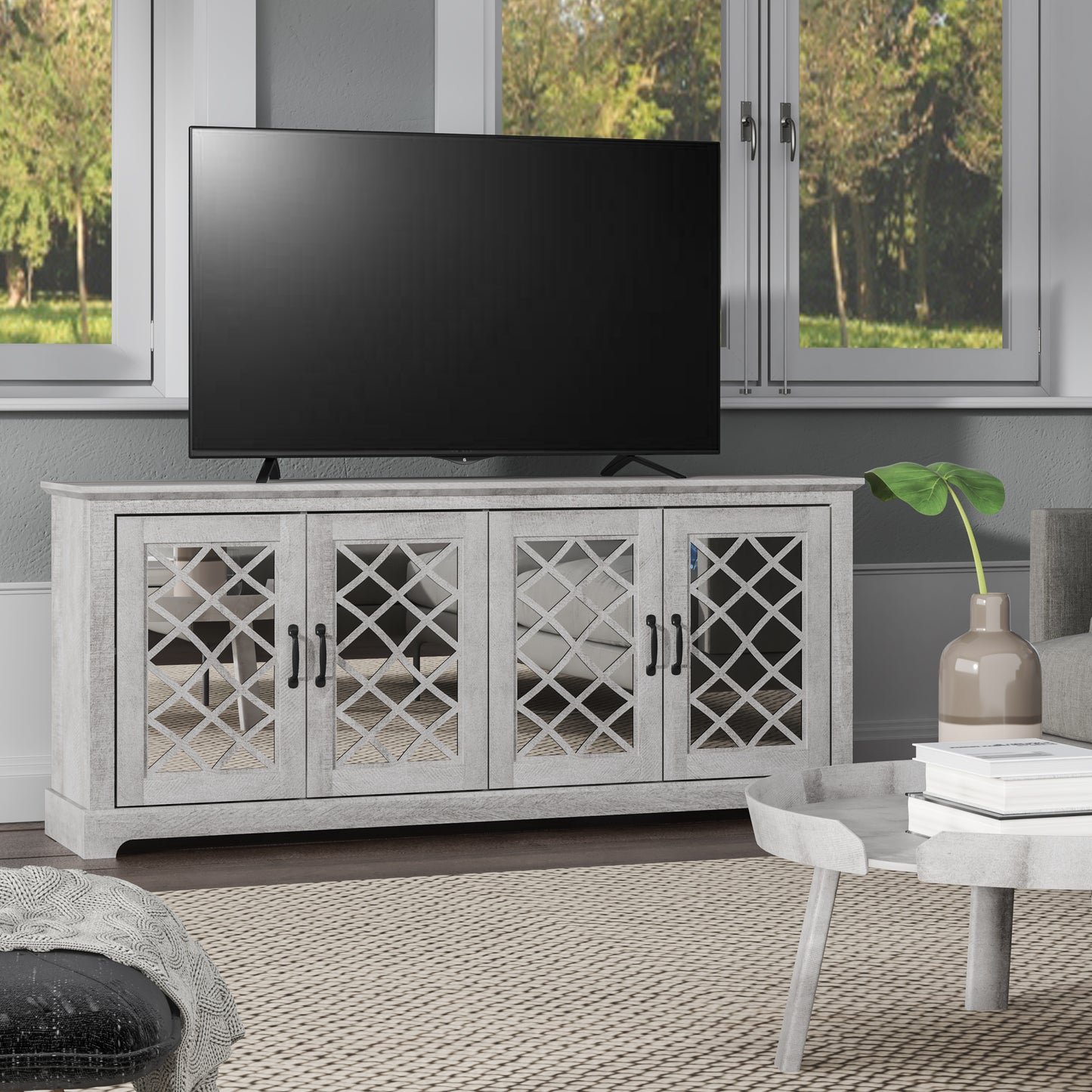 Galano Mirrored 4-Door TV Stand with Concealed Storage 68.2" W × 17.2" D × 29.3" H