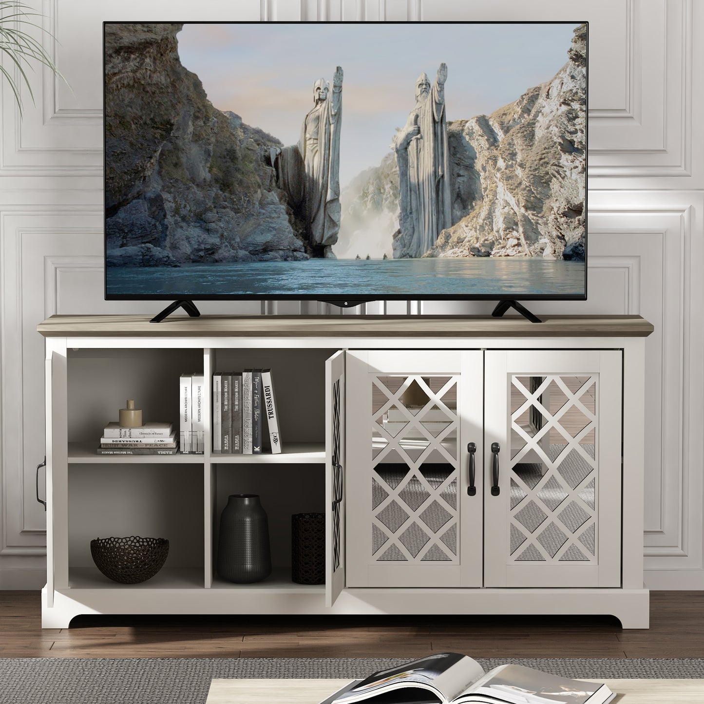 Galano Mirrored 4-Door TV Stand with Concealed Storage 59.6" W × 15.7" D × 29.3" H