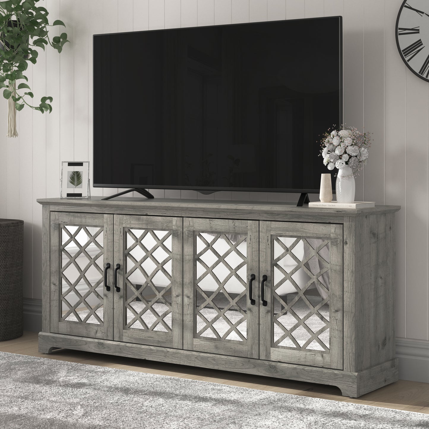 Galano Mirrored 4-Door TV Stand with Concealed Storage 68.2" W × 17.2" D × 29.3" H