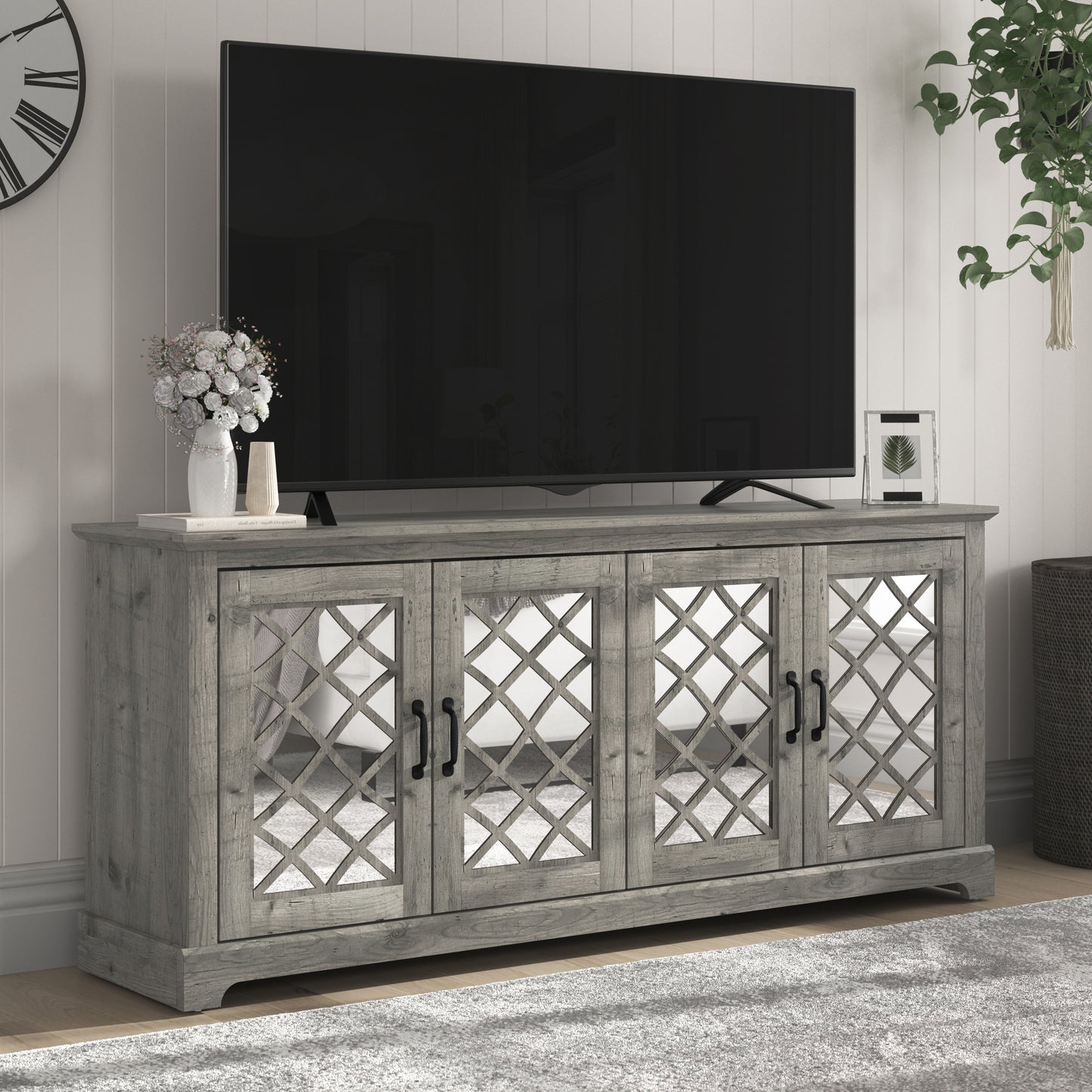 Galano Mirrored 4-Door TV Stand with Concealed Storage 68.2" W × 17.2" D × 29.3" H