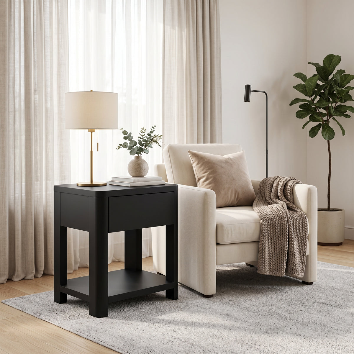 Galano 23" H Modern 1 Drawer Nightstand Bedside Table with Open Storage Shelf - Black