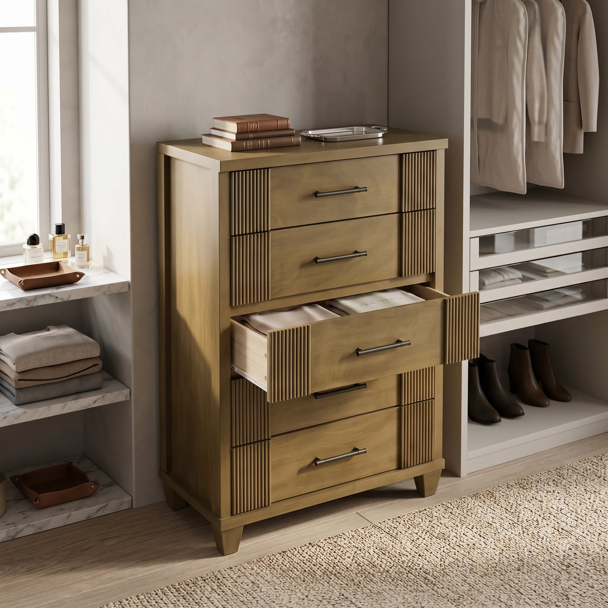 Galano 28.7" W Mid-Century Modern 5 Drawer Chest with Fluted Fronts and Solid Wood Legs