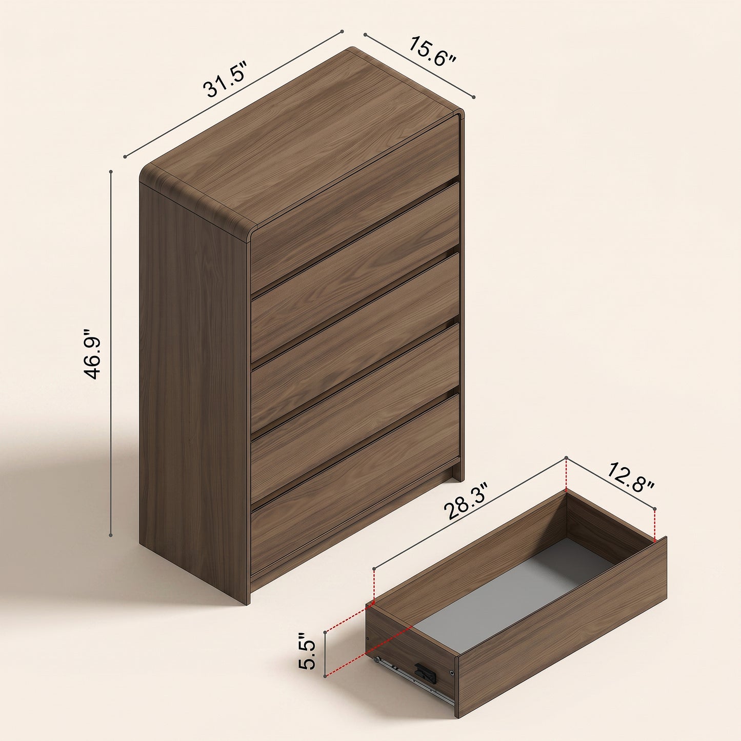5-Drawer Chest with Rounded Corners, 1-Piece, Umber Oak