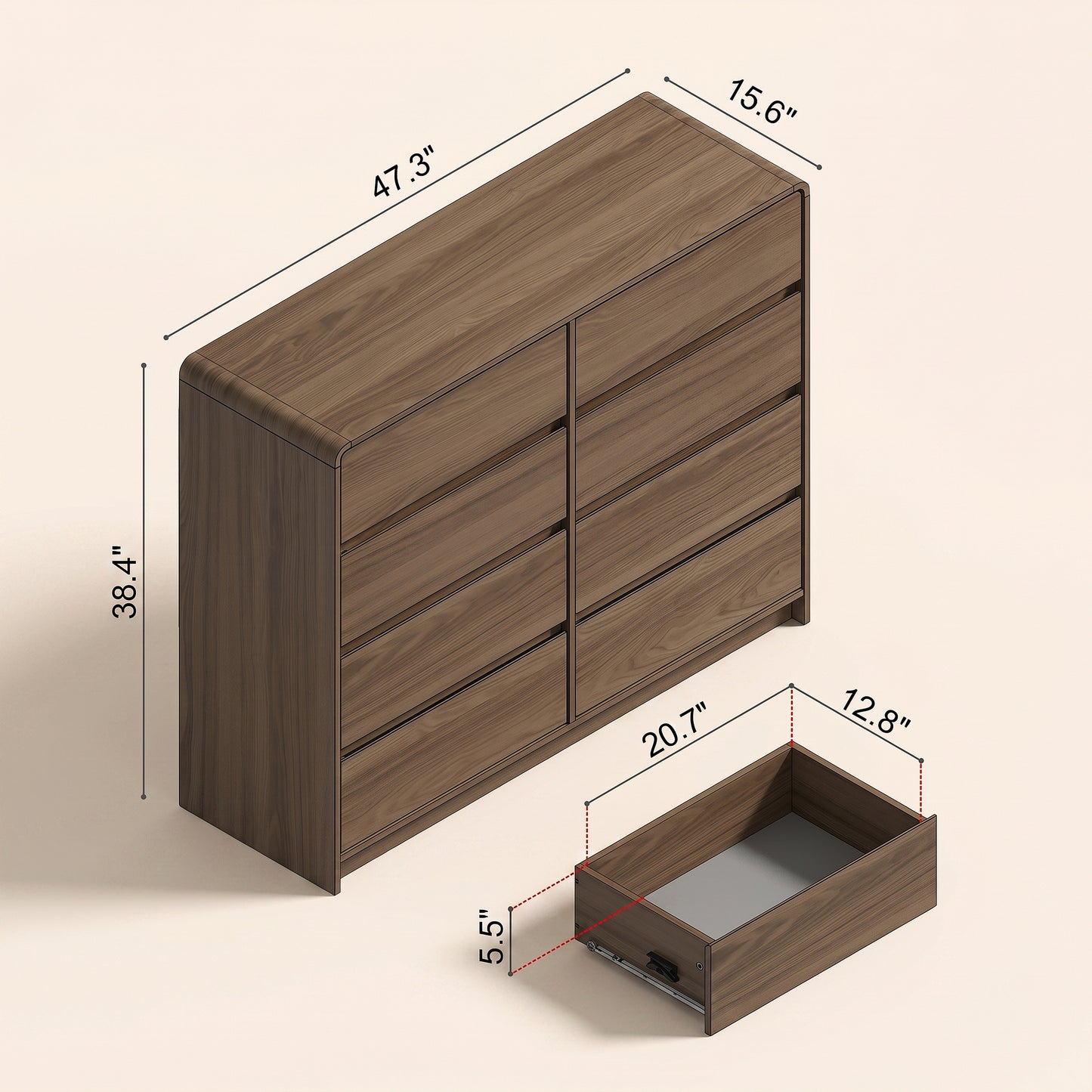 8-Drawer Dresser with Rounded Frame, 1-Piece, Umber Oak