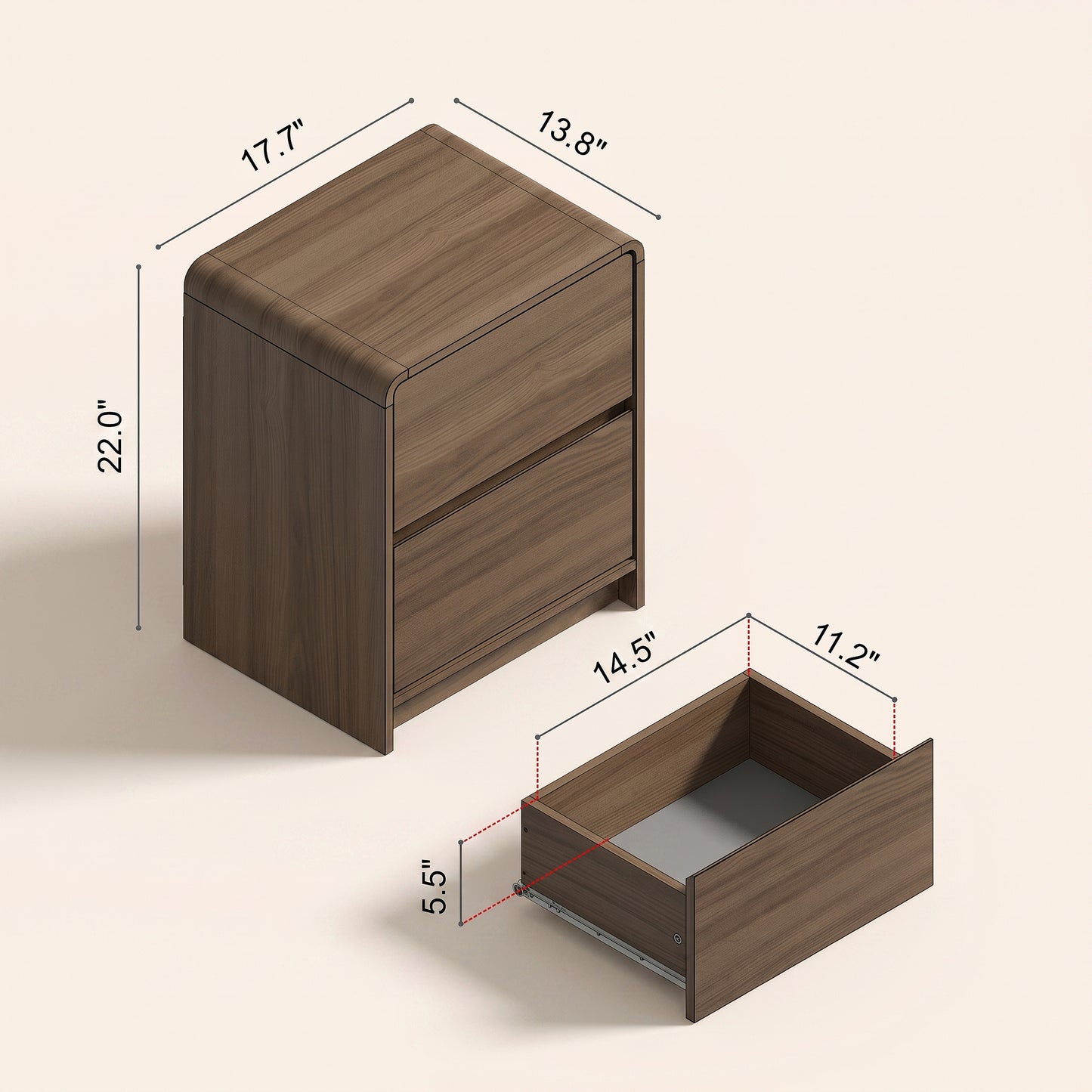2-Drawer Nightstand Set of 2 with Rounded Edges, Umber Oak