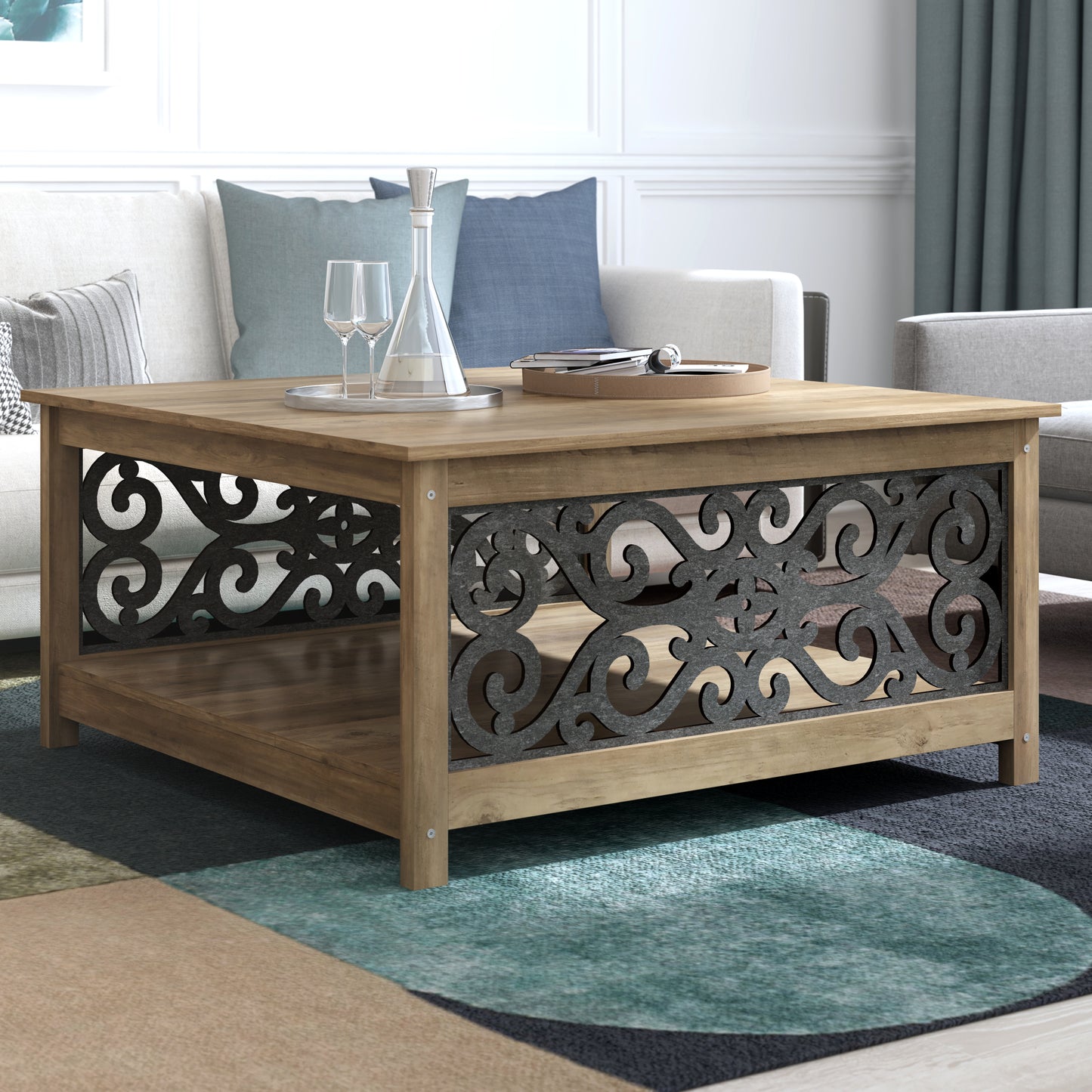 Galano Square Coffee Table with Decorative Cut-Out Panels and Lower Shelf 34.9" W x 34.9" D x 17.1" H