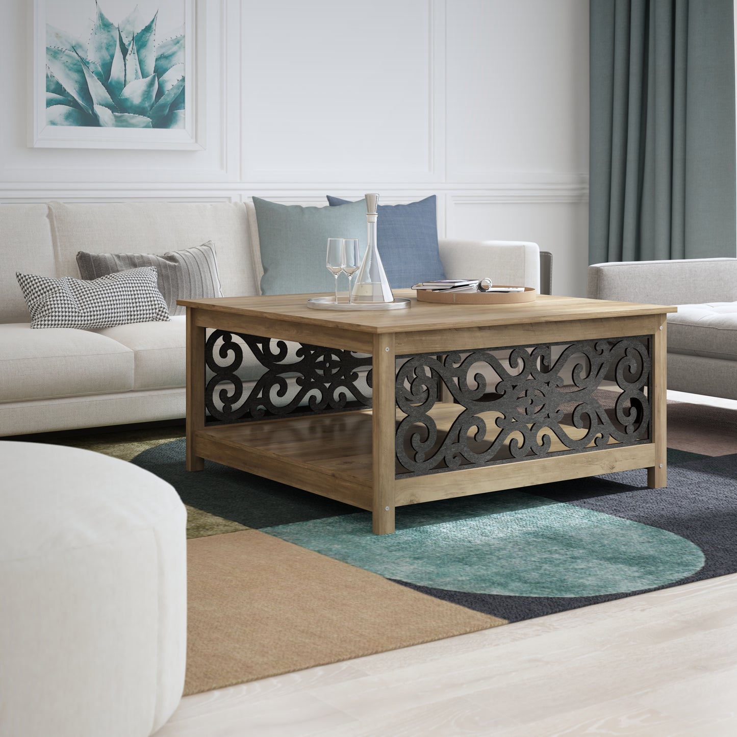 Galano Square Coffee Table with Decorative Cut-Out Panels and Lower Shelf 34.9" W x 34.9" D x 17.1" H
