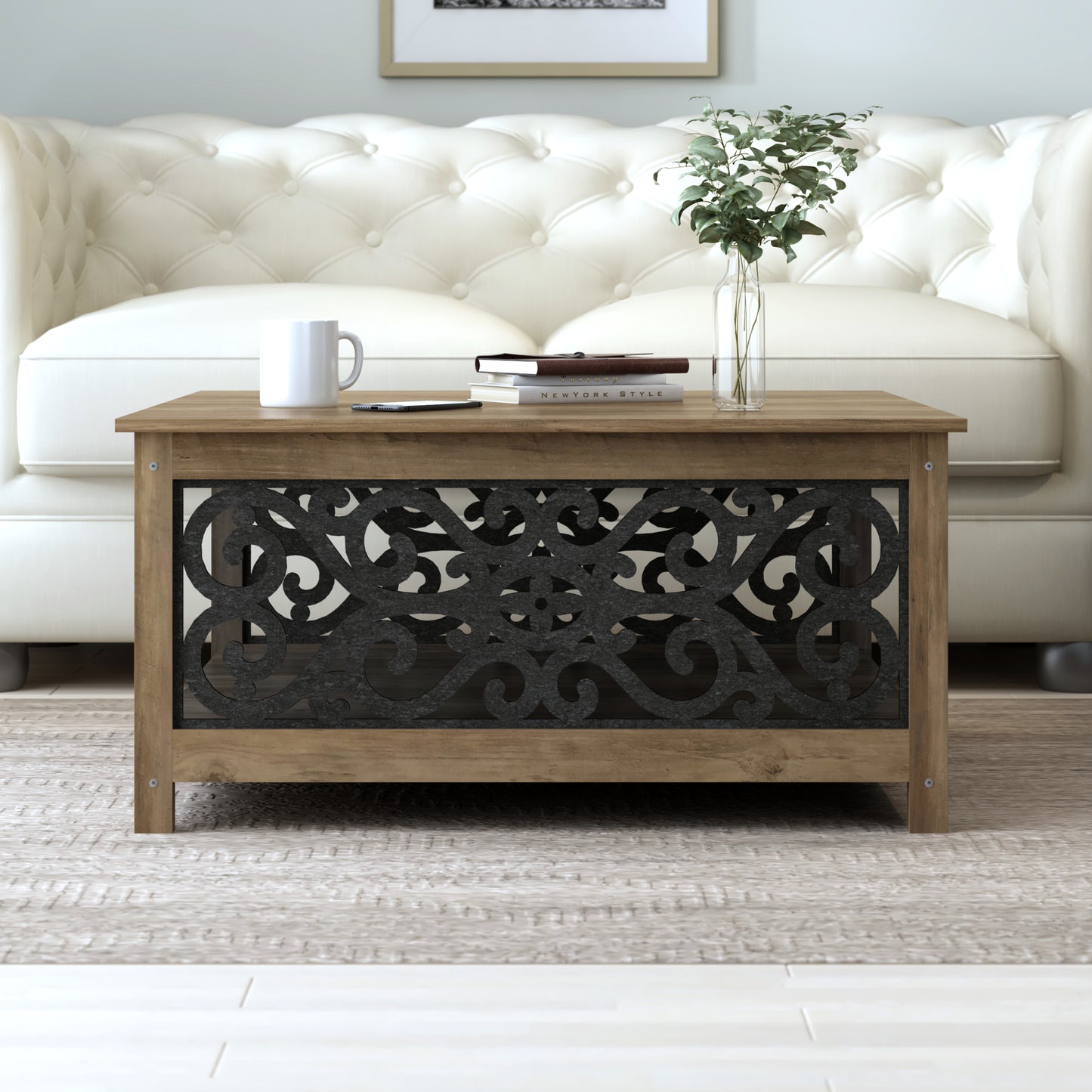 Galano Square Coffee Table with Decorative Cut-Out Panels and Lower Shelf 34.9" W x 34.9" D x 17.1" H