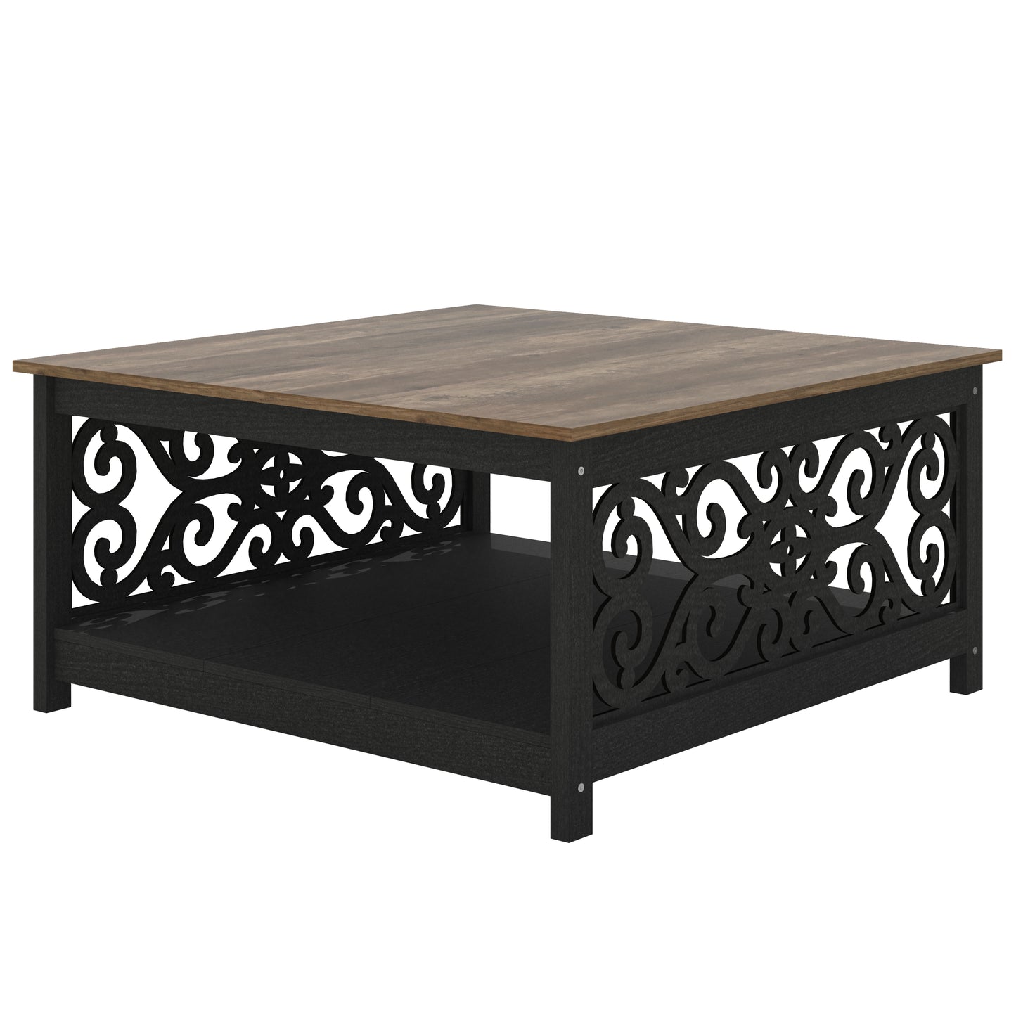 Galano Square Coffee Table with Decorative Cut-Out Panels and Lower Shelf 34.9" W x 34.9" D x 17.1" H