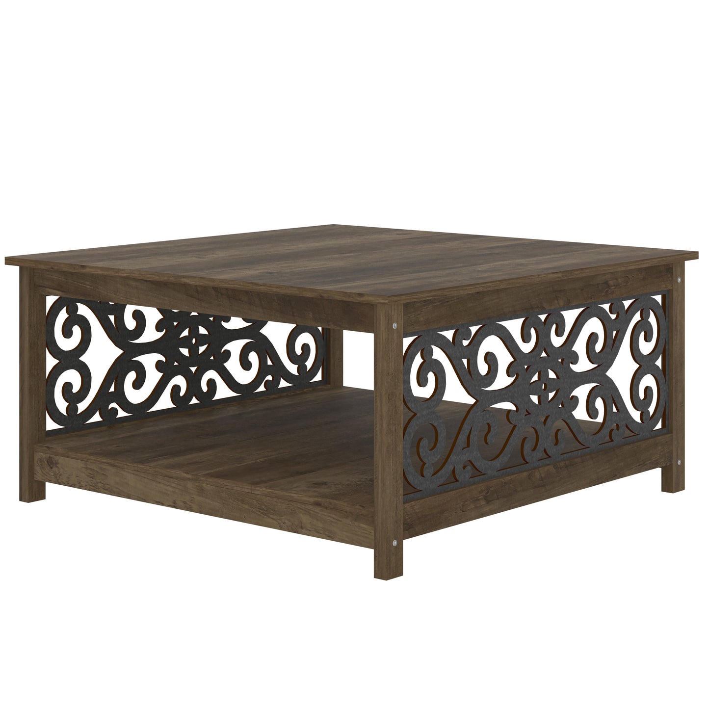 Galano Square Coffee Table with Decorative Cut-Out Panels and Lower Shelf 34.9" W x 34.9" D x 17.1" H