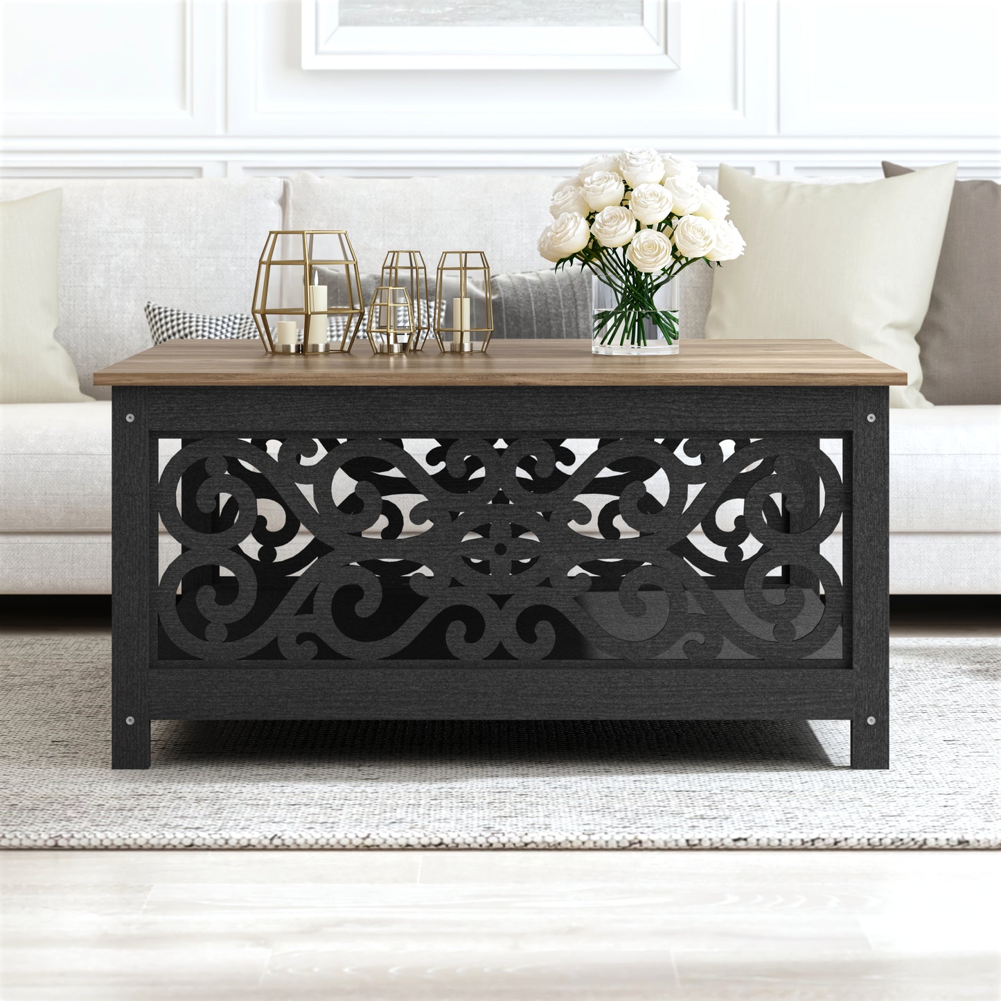 Galano Square Coffee Table with Decorative Cut-Out Panels and Lower Shelf 34.9" W x 34.9" D x 17.1" H
