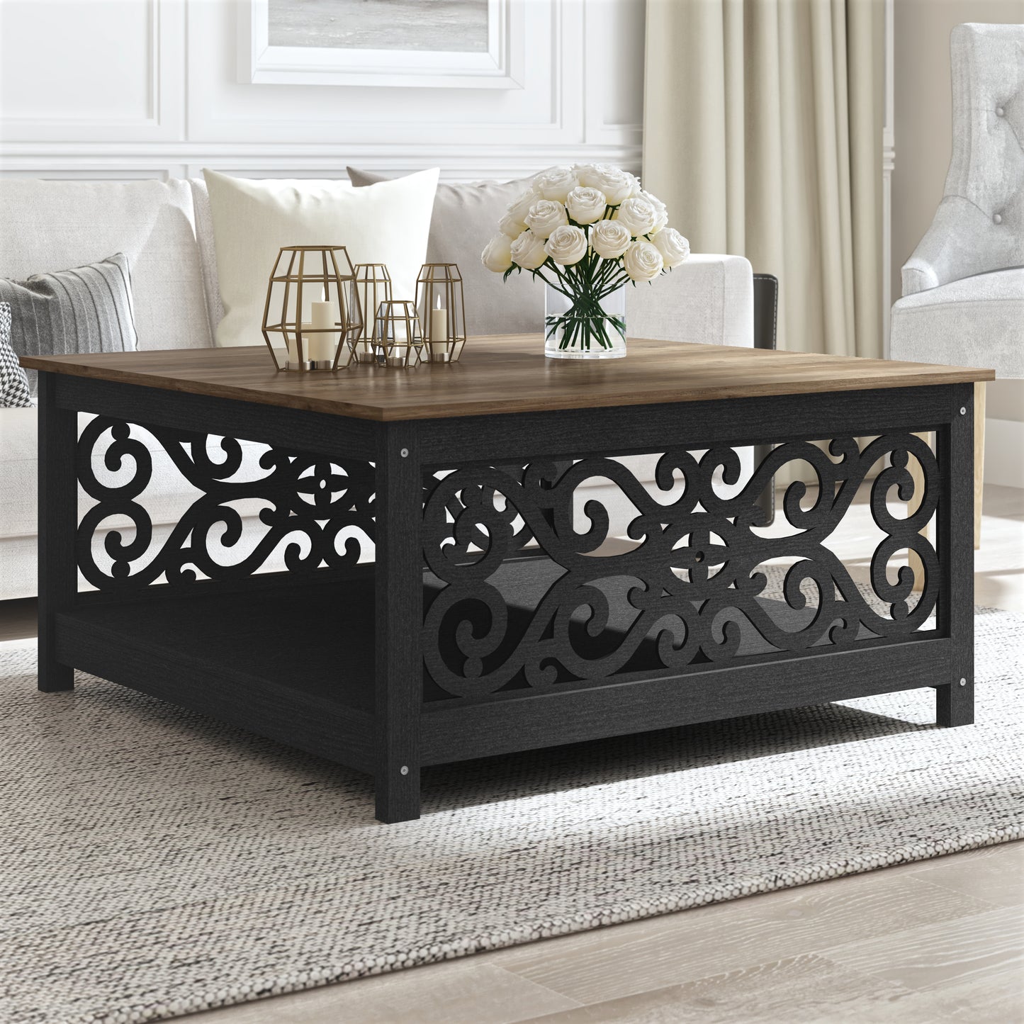 Galano Square Coffee Table with Decorative Cut-Out Panels and Lower Shelf 34.9" W x 34.9" D x 17.1" H