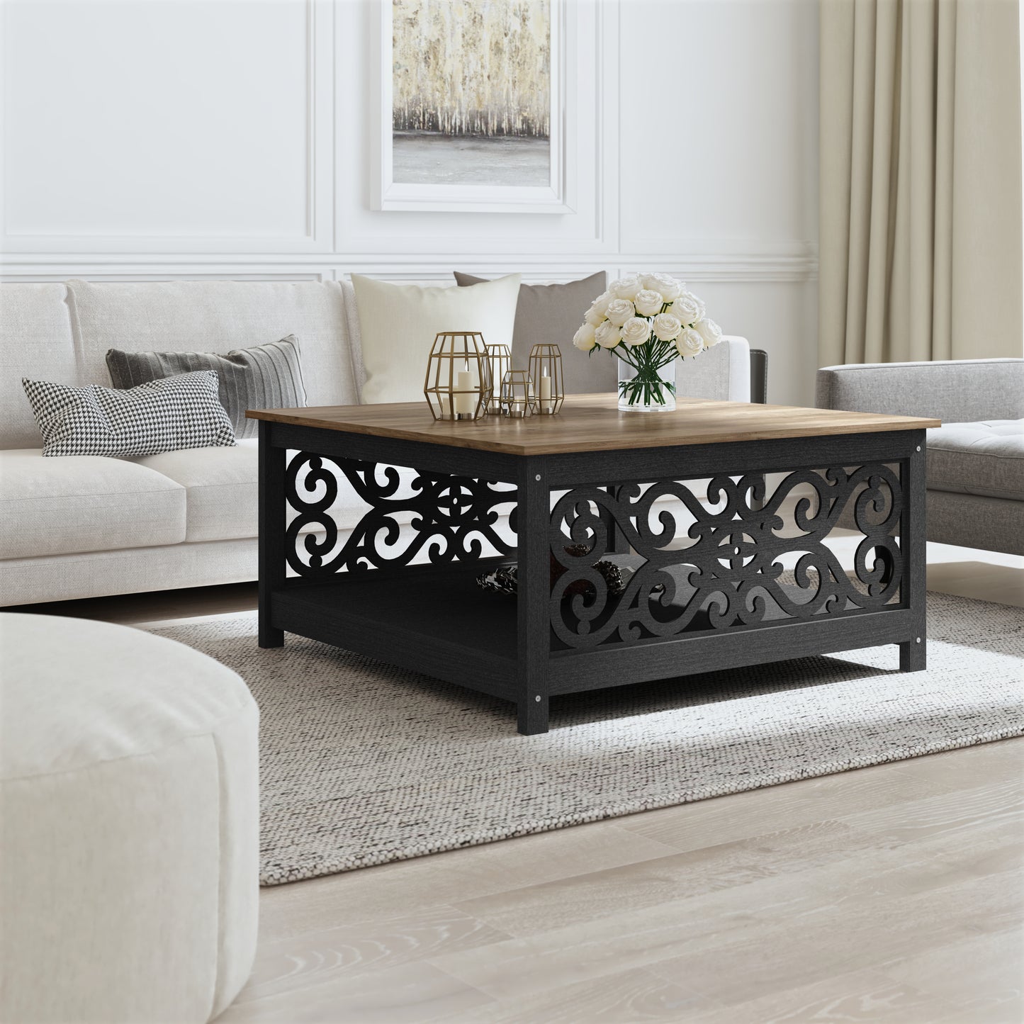 Galano Square Coffee Table with Decorative Cut-Out Panels and Lower Shelf 34.9" W x 34.9" D x 17.1" H