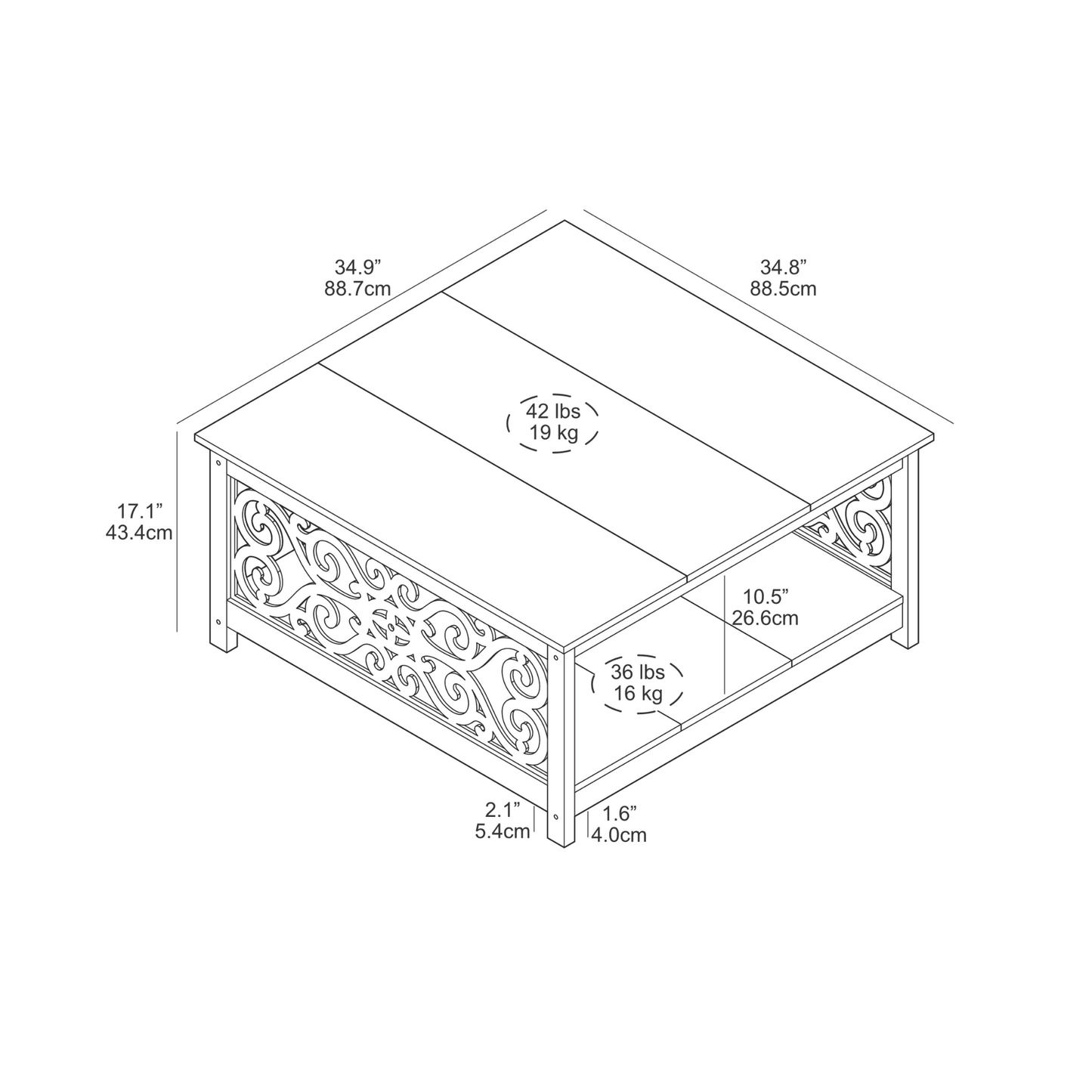 Galano Square Coffee Table with Decorative Cut-Out Panels and Lower Shelf 34.9" W x 34.9" D x 17.1" H