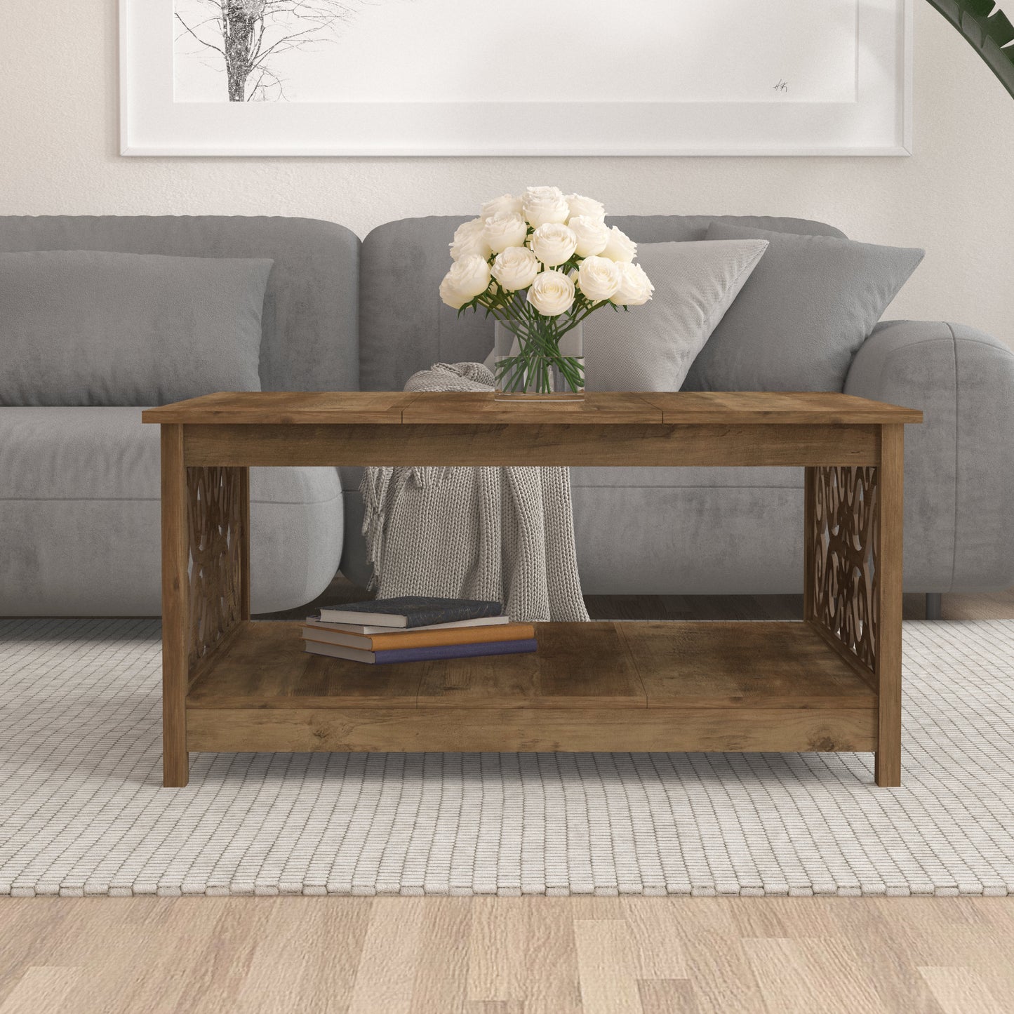 Galano Square Coffee Table with Decorative Cut-Out Panels and Lower Shelf 34.9" W x 34.9" D x 17.1" H