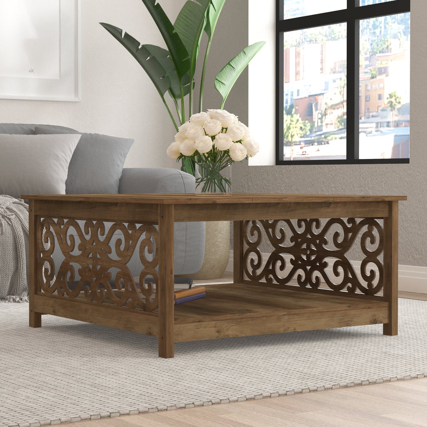 Galano Square Coffee Table with Decorative Cut-Out Panels and Lower Shelf 34.9" W x 34.9" D x 17.1" H