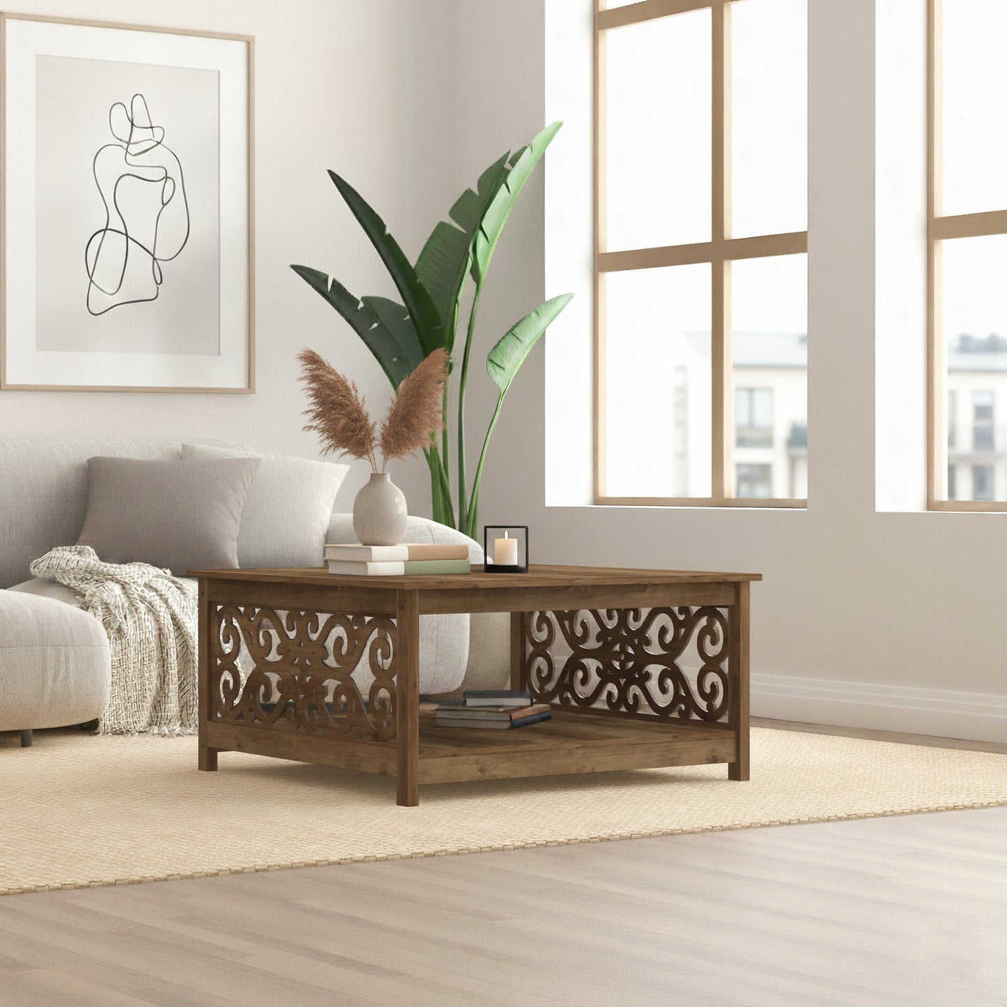Galano Square Coffee Table with Decorative Cut-Out Panels and Lower Shelf 34.9" W x 34.9" D x 17.1" H