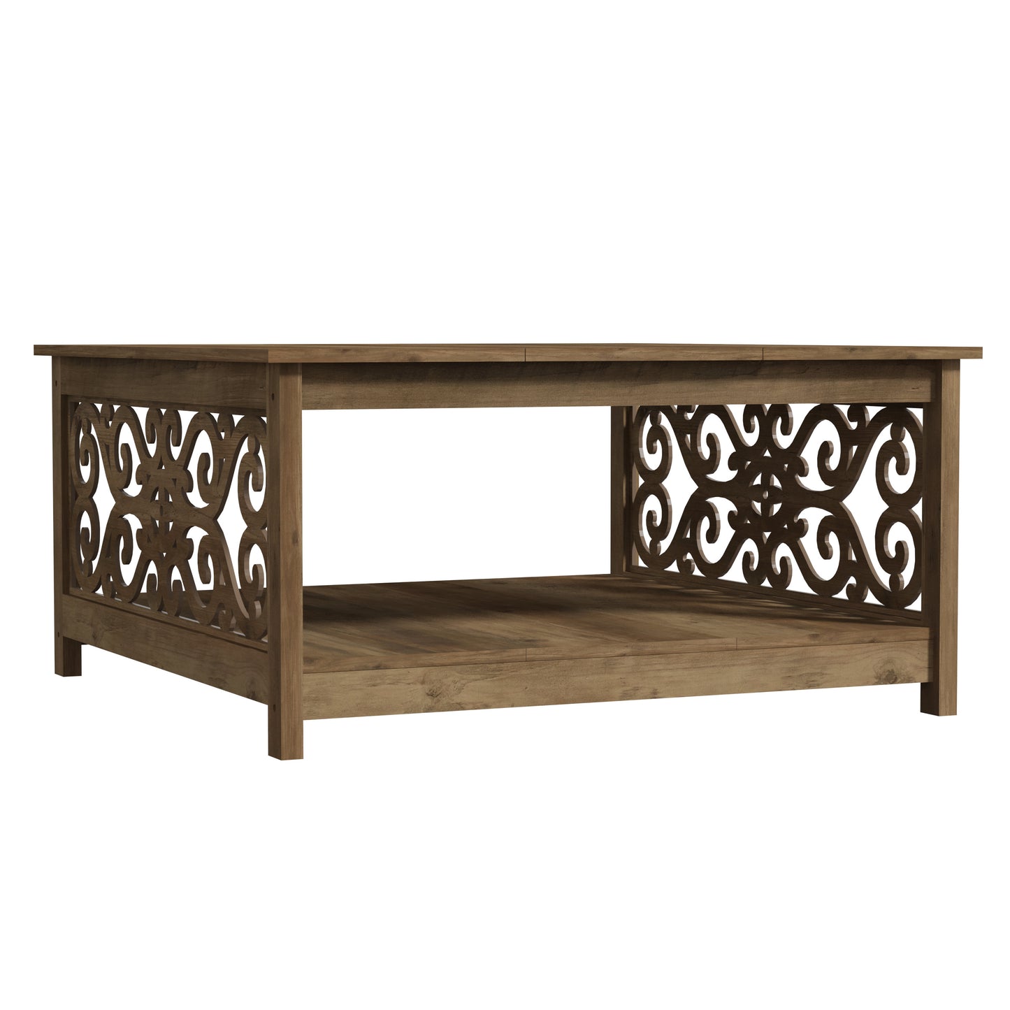 Galano Square Coffee Table with Decorative Cut-Out Panels and Lower Shelf 34.9" W x 34.9" D x 17.1" H