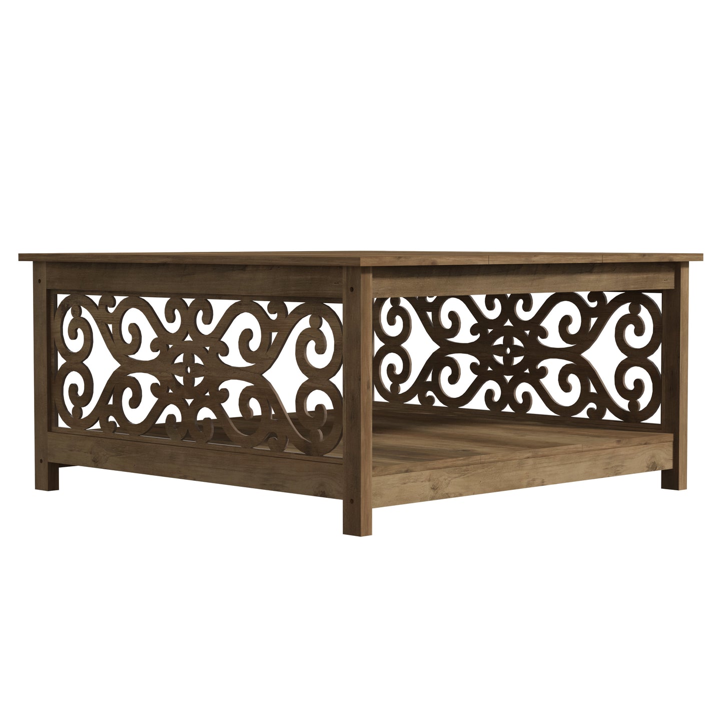 Galano Square Coffee Table with Decorative Cut-Out Panels and Lower Shelf 34.9" W x 34.9" D x 17.1" H