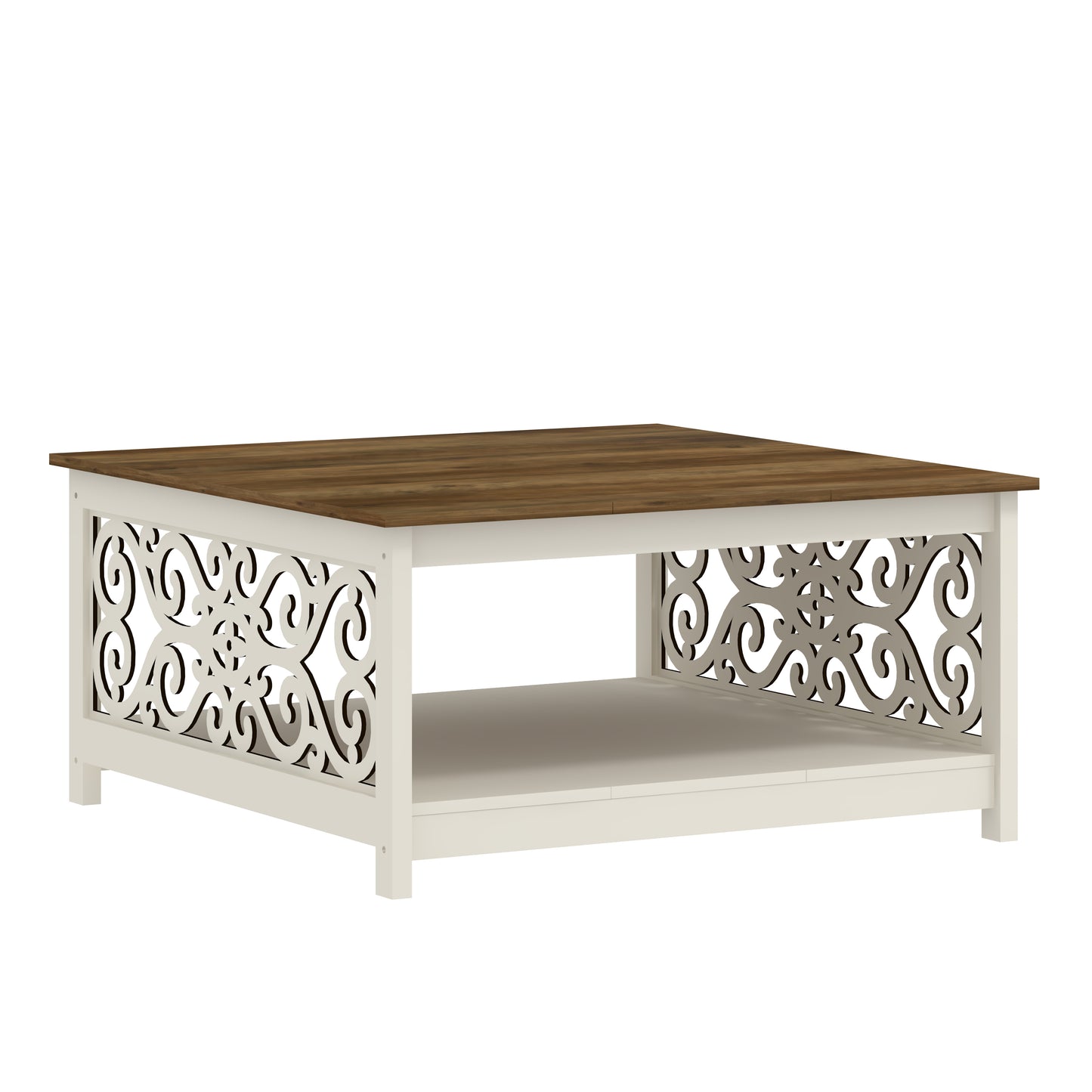 Galano Square Coffee Table with Decorative Cut-Out Panels and Lower Shelf 34.9" W x 34.9" D x 17.1" H