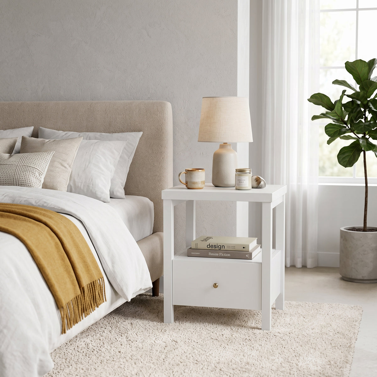 Galano 23" H Modern 1 Drawer Nightstand Bedside Table with Open Storage Shelf - White