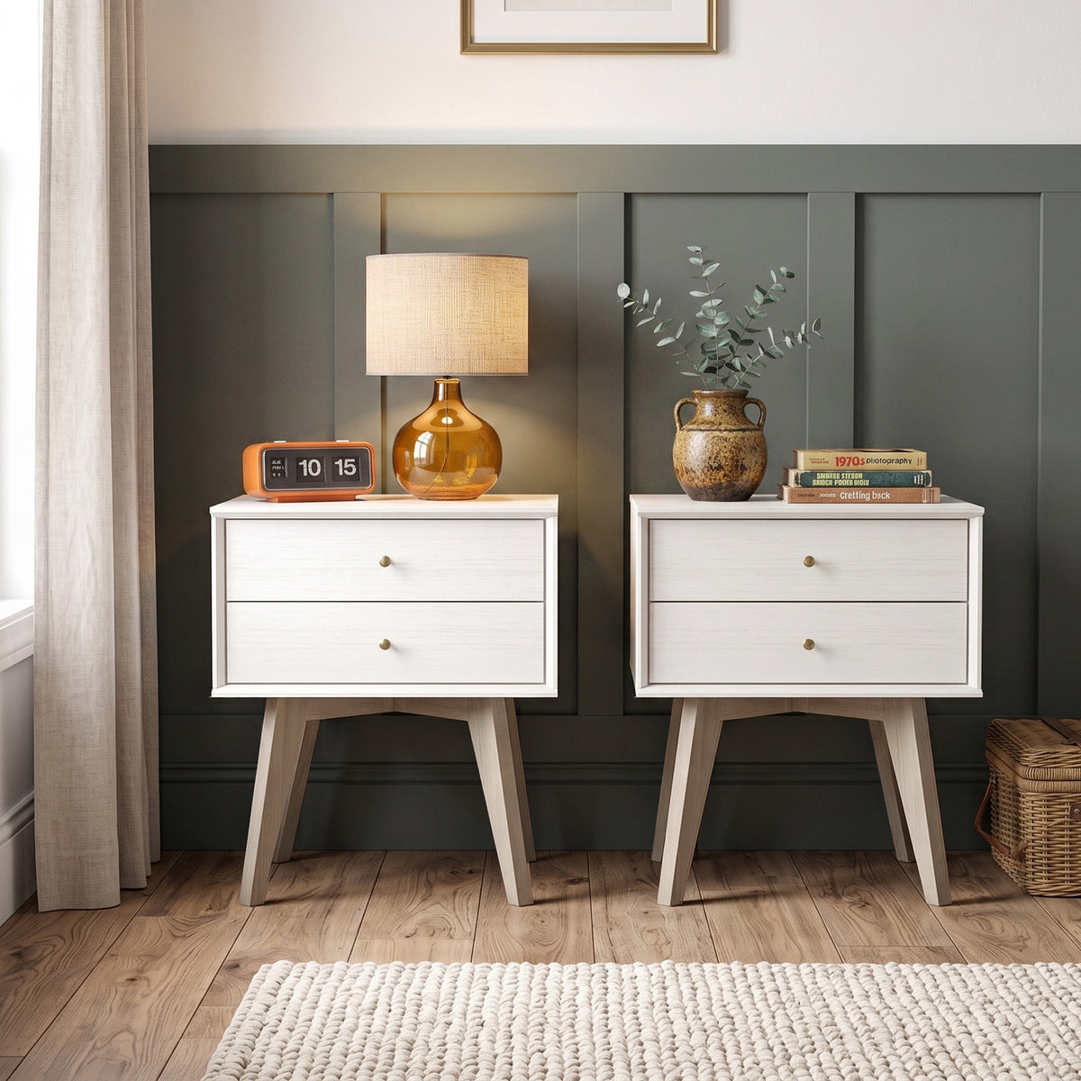 Galano Set of 2 Retro 2-Drawer Nightstands Bedside Tables with Tapered Legs