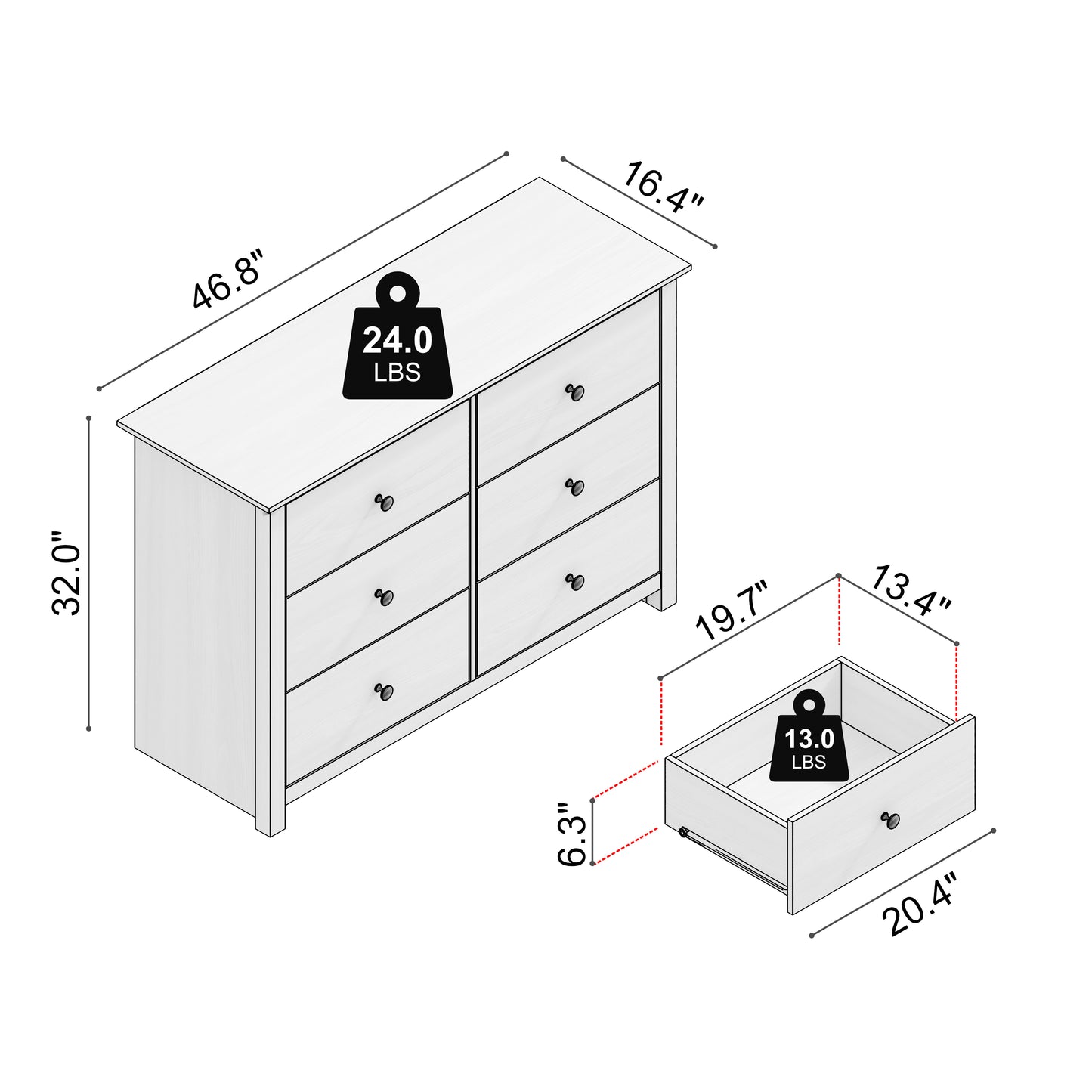 Galano 6-Drawer Double Dresser with Interlock Safety 46.9" W × 16.4" D × 32.0" H