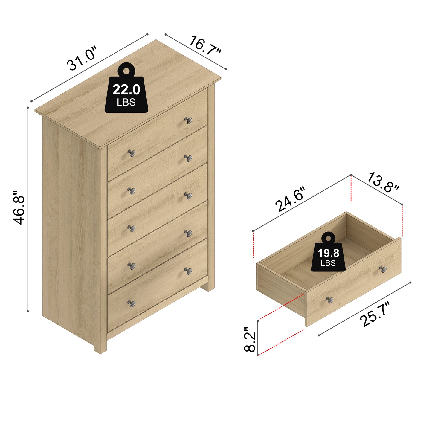 Galano 5-Drawer Dresser with Interlock Safety 31.1" W × 16.9" D × 46.7" H