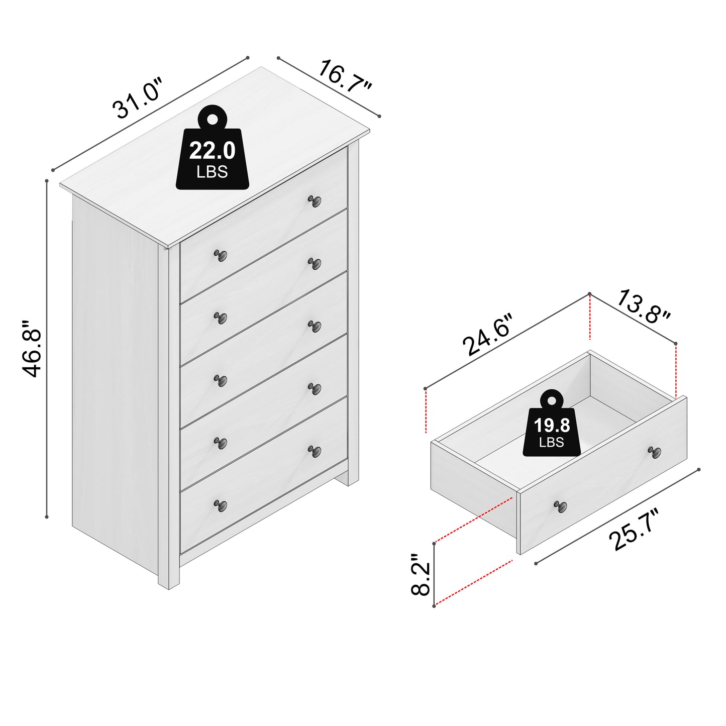 Galano 5-Drawer Dresser with Interlock Safety 31.1" W × 16.9" D × 46.7" H