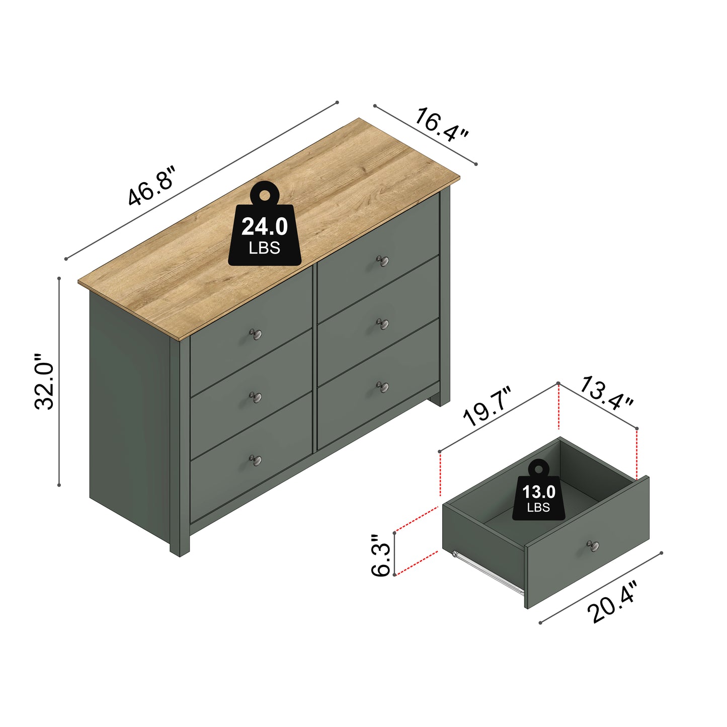 Galano 6-Drawer Double Dresser with Interlock Safety 46.9" W × 16.4" D × 32.0" H
