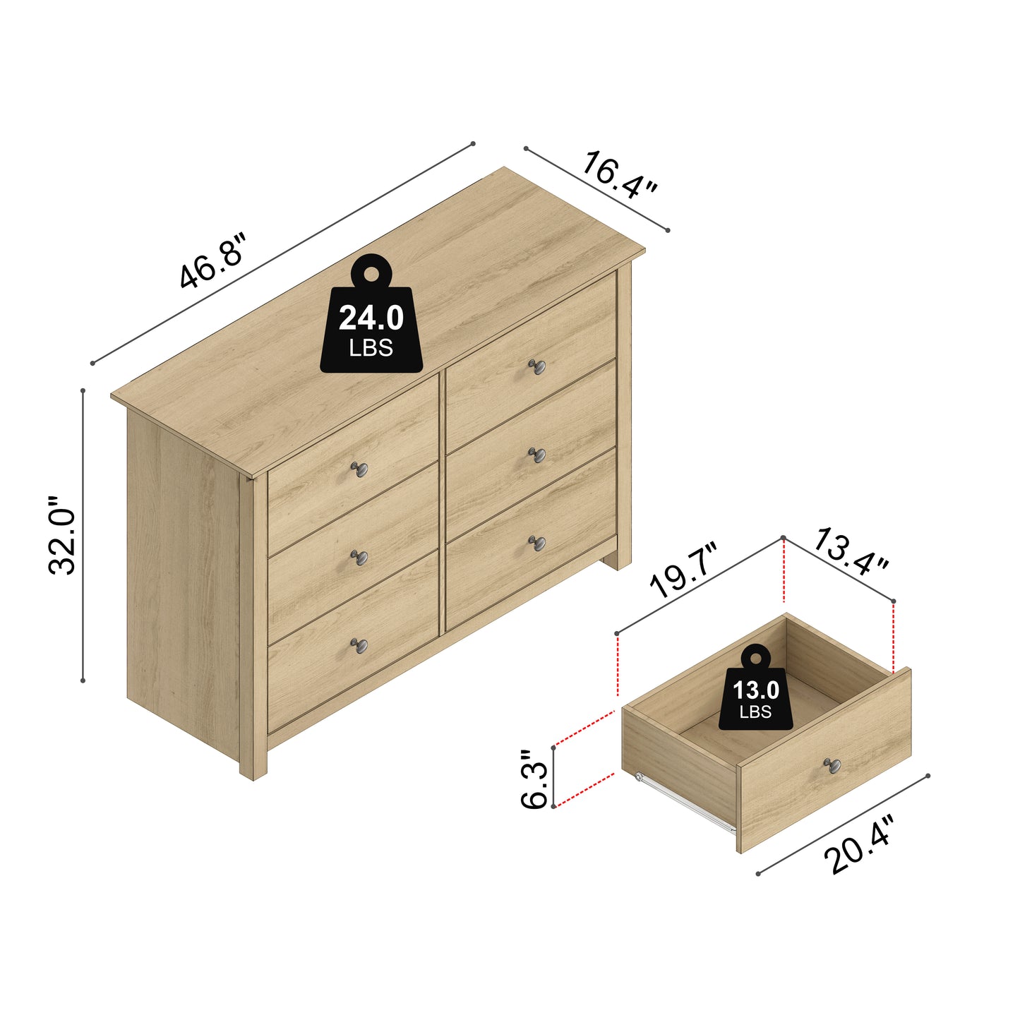 Galano 6-Drawer Double Dresser with Interlock Safety 46.9" W × 16.4" D × 32.0" H