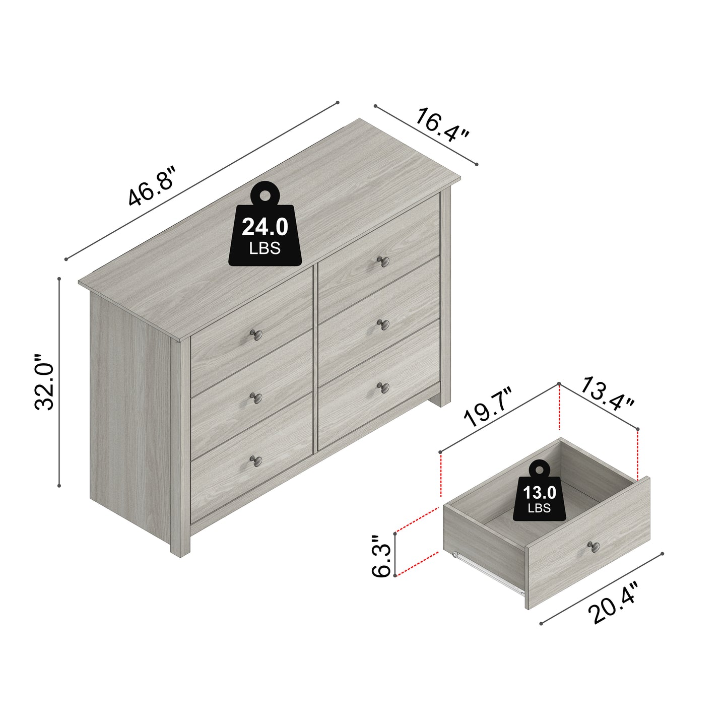 Galano 6-Drawer Double Dresser with Interlock Safety 46.9" W × 16.4" D × 32.0" H
