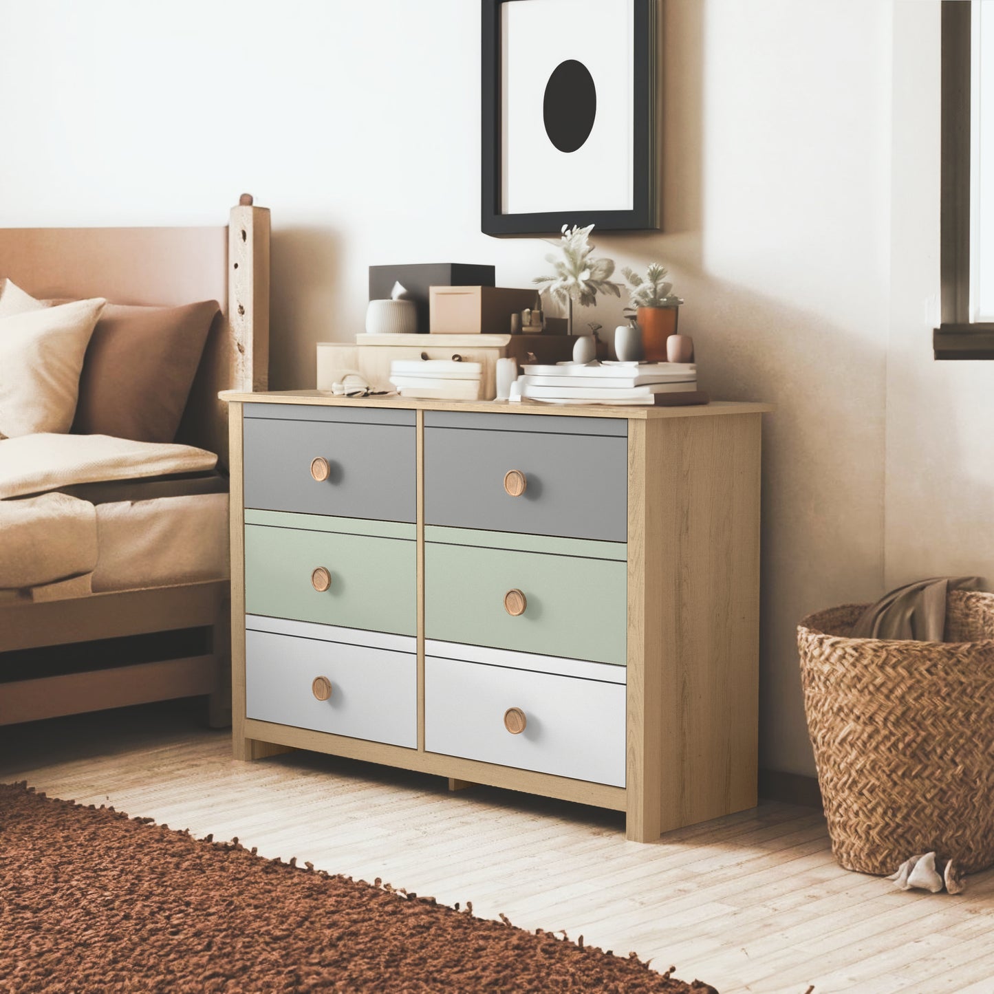 Galano Kids 6-Drawer Dresser with Multi-Tone Fronts in White 46.1" W x 15.8" D x 31.3" H