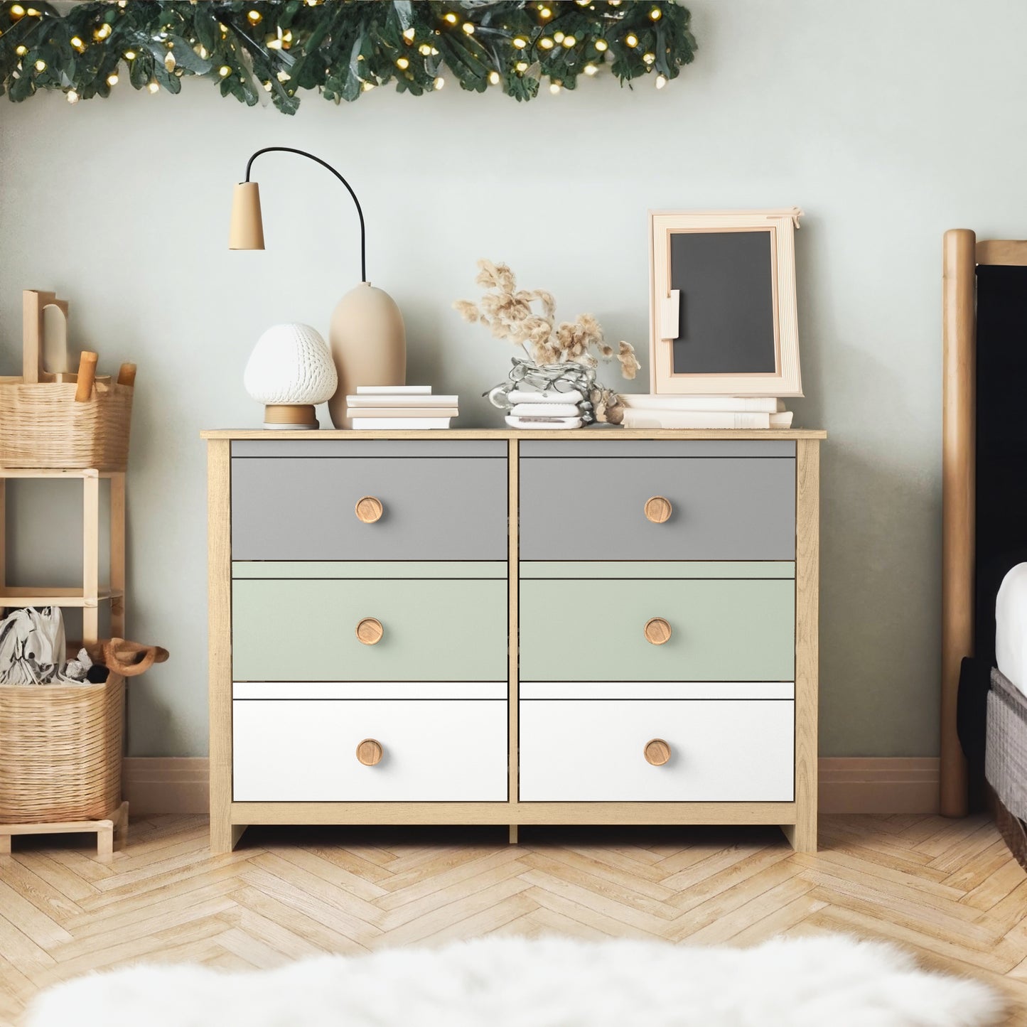 Galano Kids 6-Drawer Dresser with Multi-Tone Fronts in White 46.1" W x 15.8" D x 31.3" H