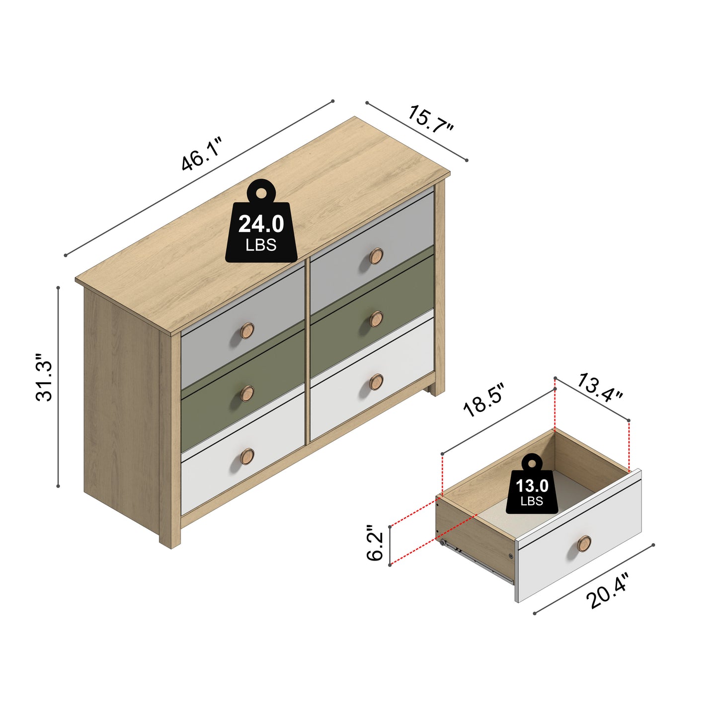 Galano Kids & Teen 6-Drawer Dresser with Gray, Sage Green & White Multi-Tone Fronts 46.1" W
