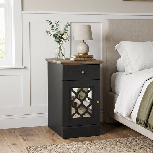 Galano Mirrored End Table with Drawer and 1-Door Storage Cabinet