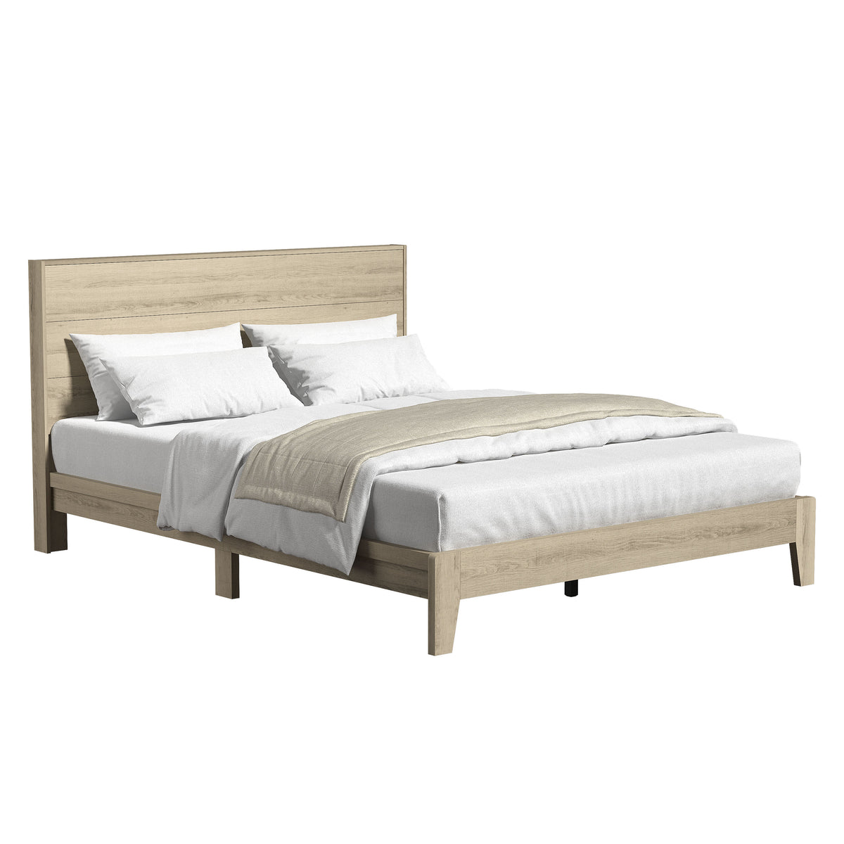 GALANO Queen Platform Bed with Slatted Headboard, 64.5", No Box Spring Required