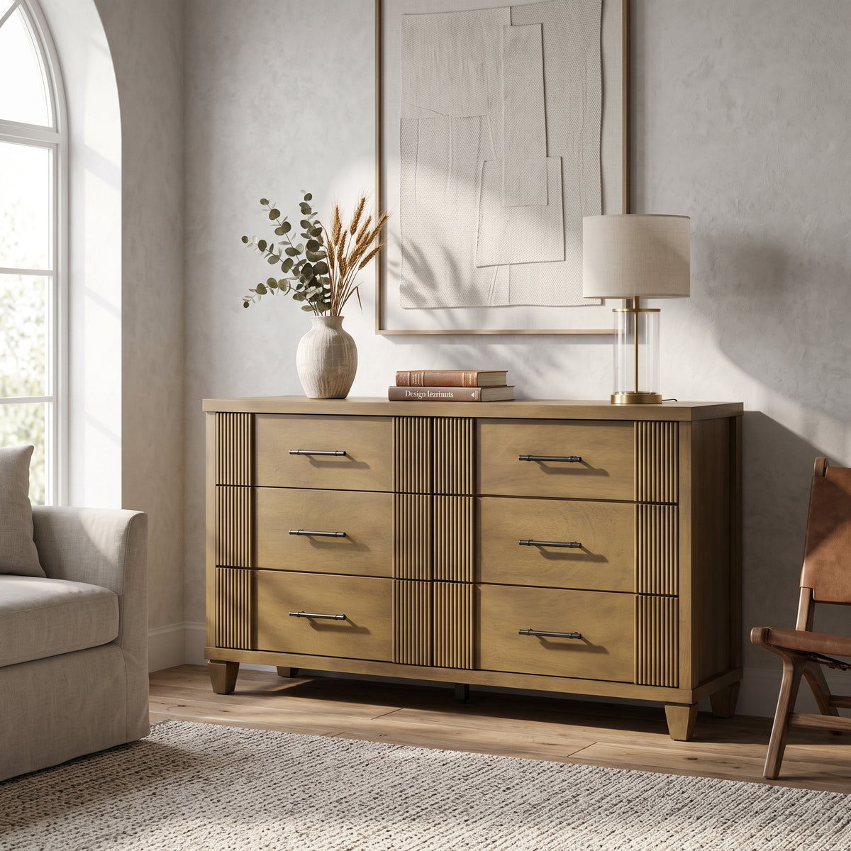 Galano 54.8" W Mid-Century Modern 6 Drawer Dresser with Fluted Fronts and Solid Wood Feet