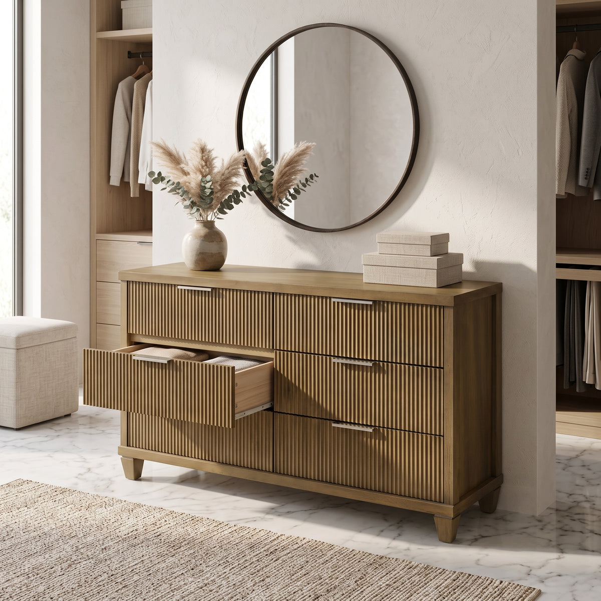 Galano 54.8" Wide Mid-Century Modern 6 Drawer Dresser with Fluted Fronts and Solid Wood Feet
