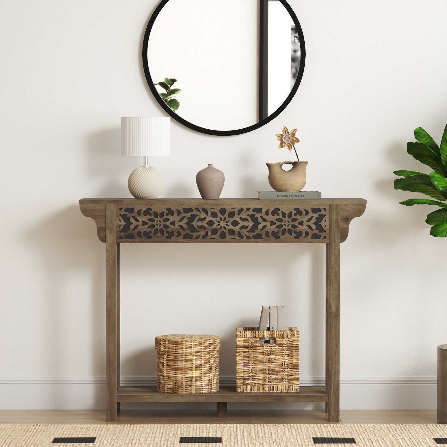 Galano Carved Wood Console Table with Bottom Shelf 43" W × 12" D × 33" H
