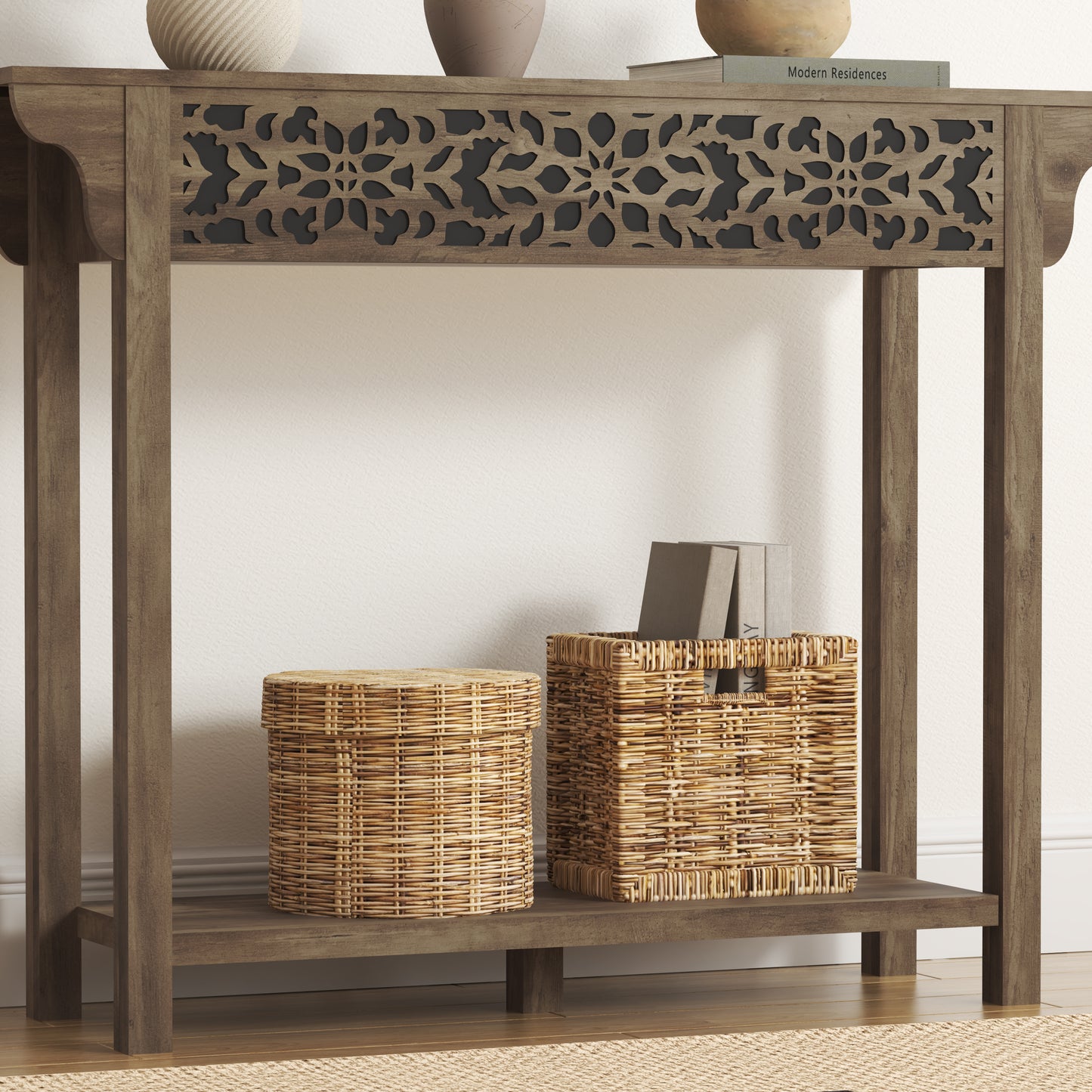 Galano Carved Wood Console Table with Bottom Shelf 43" W × 12" D × 33" H
