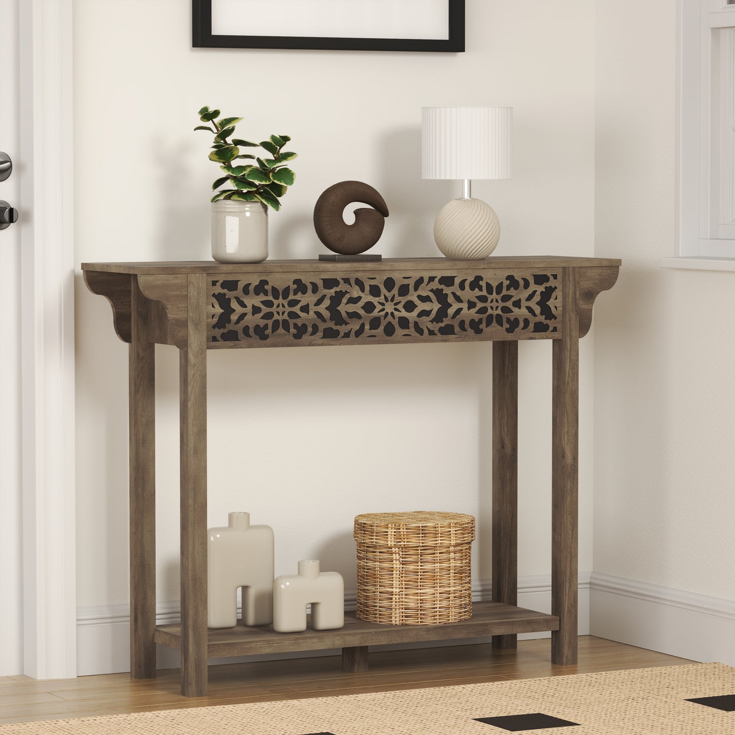 Galano Carved Wood Console Table with Bottom Shelf 43" W × 12" D × 33" H