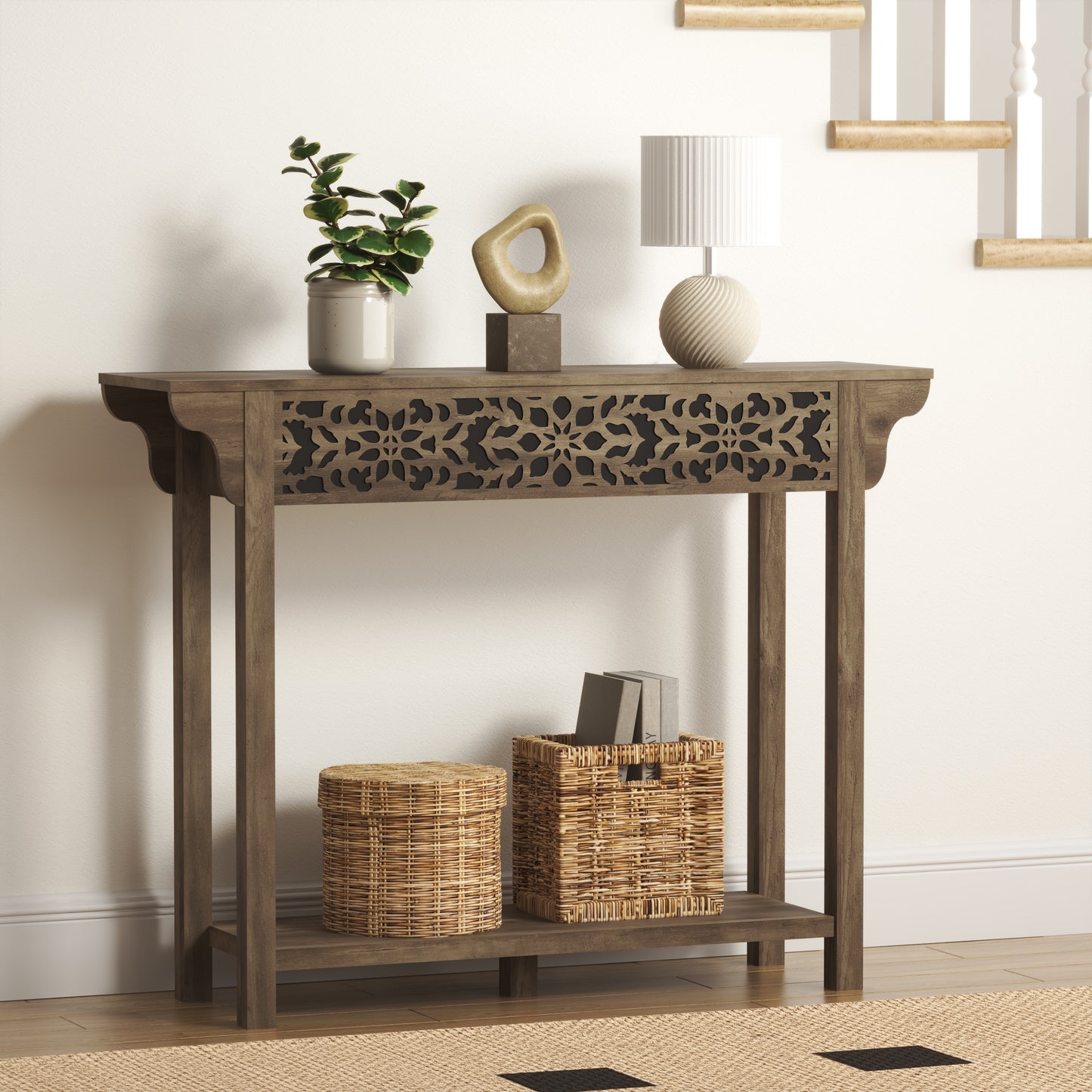 Galano Carved Wood Console Table with Bottom Shelf 43" W × 12" D × 33" H
