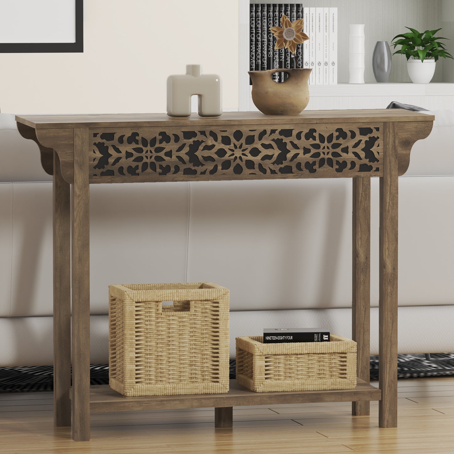 Galano Carved Wood Console Table with Bottom Shelf 43" W × 12" D × 33" H